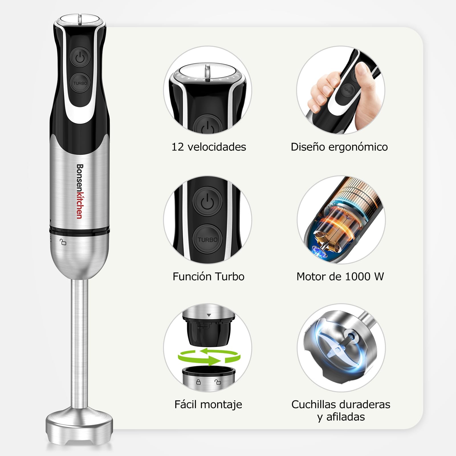 Bonsenkitchen Batidora de Mano 4 en 1, 1000W Batidora de Inmersión de Acero Inoxidable con 12 Velocidades y Función Turbo, Incluye Batidor, Vaso Medidor 700ml y Picador, Batidora Multifunción