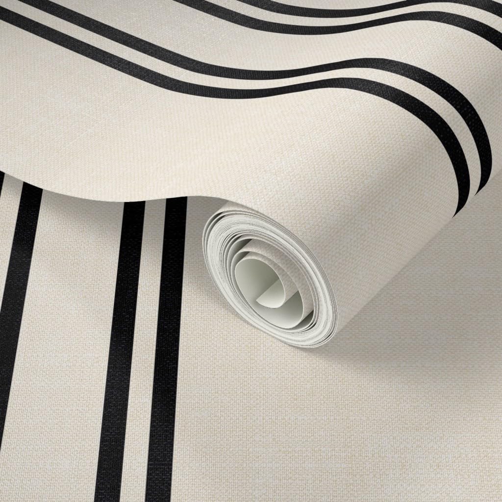 Spoonflower Peel & Stick Wallpaper 9ft x 2ft - Simple Stripe Black Cream Tan Minimal Timeless Farmhouse Weathered Large Scale Custom Removable Wallpaper
