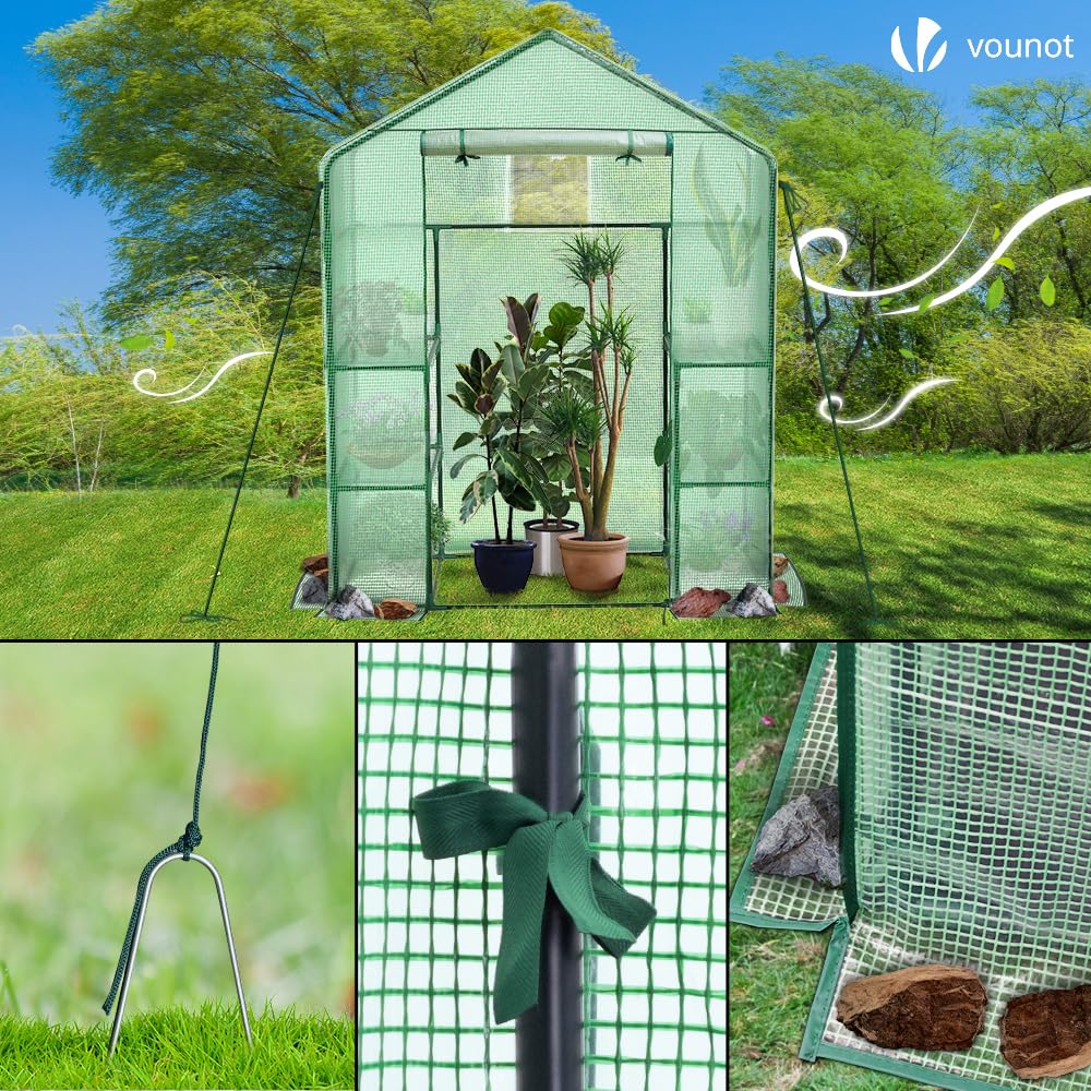 VOUNOT® Invernadero de Jardín 143x73x195 cm Vivero Casero Plantas Cultivo con Puerta Enrollable y Ventana, Invernadero Huerto Caseta de Jardín 4 Estantes para Plantas Macetas Flores, Verde