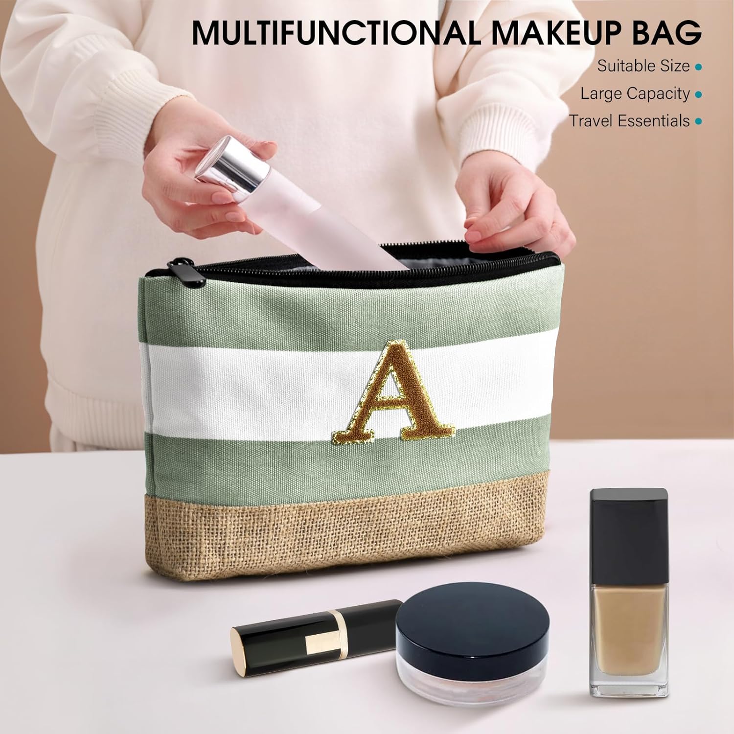 Becokan Beach Bag Initial Beach Tote with Makeup Bag for Travel Work Storage Personalized Birthday Gifts for Women Her
