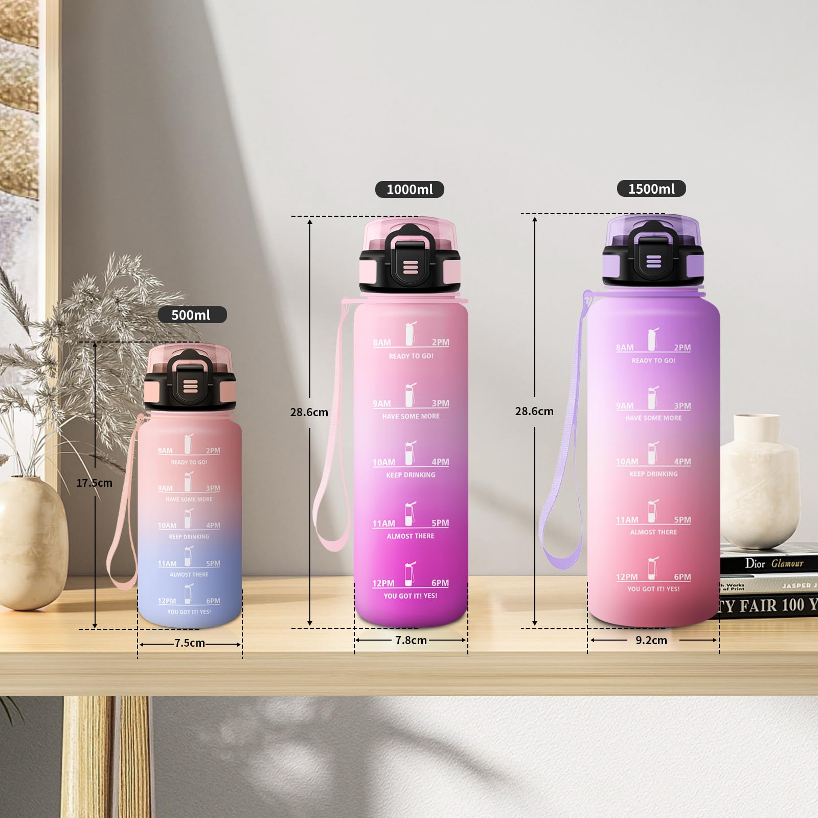 Borraccia 500ml, a Prova di Perdite, Bottiglia Bambina con Cannuccia, Bottiglia Acqua Sportiva con Indicatore del Tempo, Motivazionale Borraccia per Bambini, Campeggio, Scuola, Ufficio, Lavoro