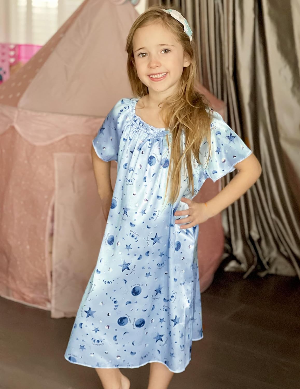 Arshiner Girls Nightgowns Silk Satin Pajama Dress Short Sleeve Soft Princess Sleepwear - Image 2