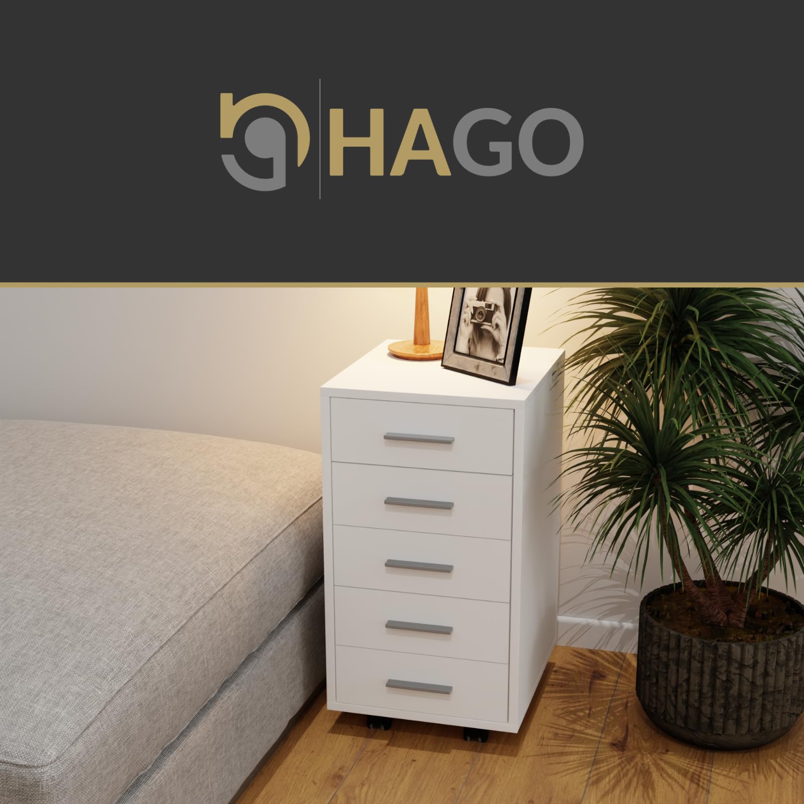 HAGO24 | Rollcontainer | Bürocontainer | Büroschrank | Aktenschrank | Rollschrank | 5 Schubladen | Aluminium-Griffe | Möbelrollen | 360° schwenkbar | Weiß |