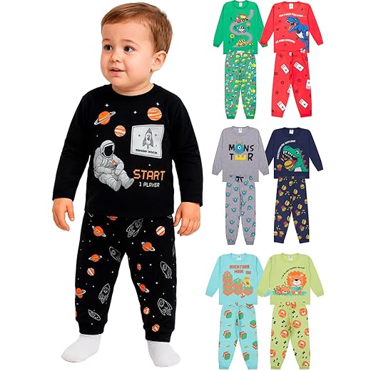 Kit Sortido 6 Peças Pijamas Longos Infantis Menino - 3 Conjuntos Pijama Masculino Infantil de Algodão