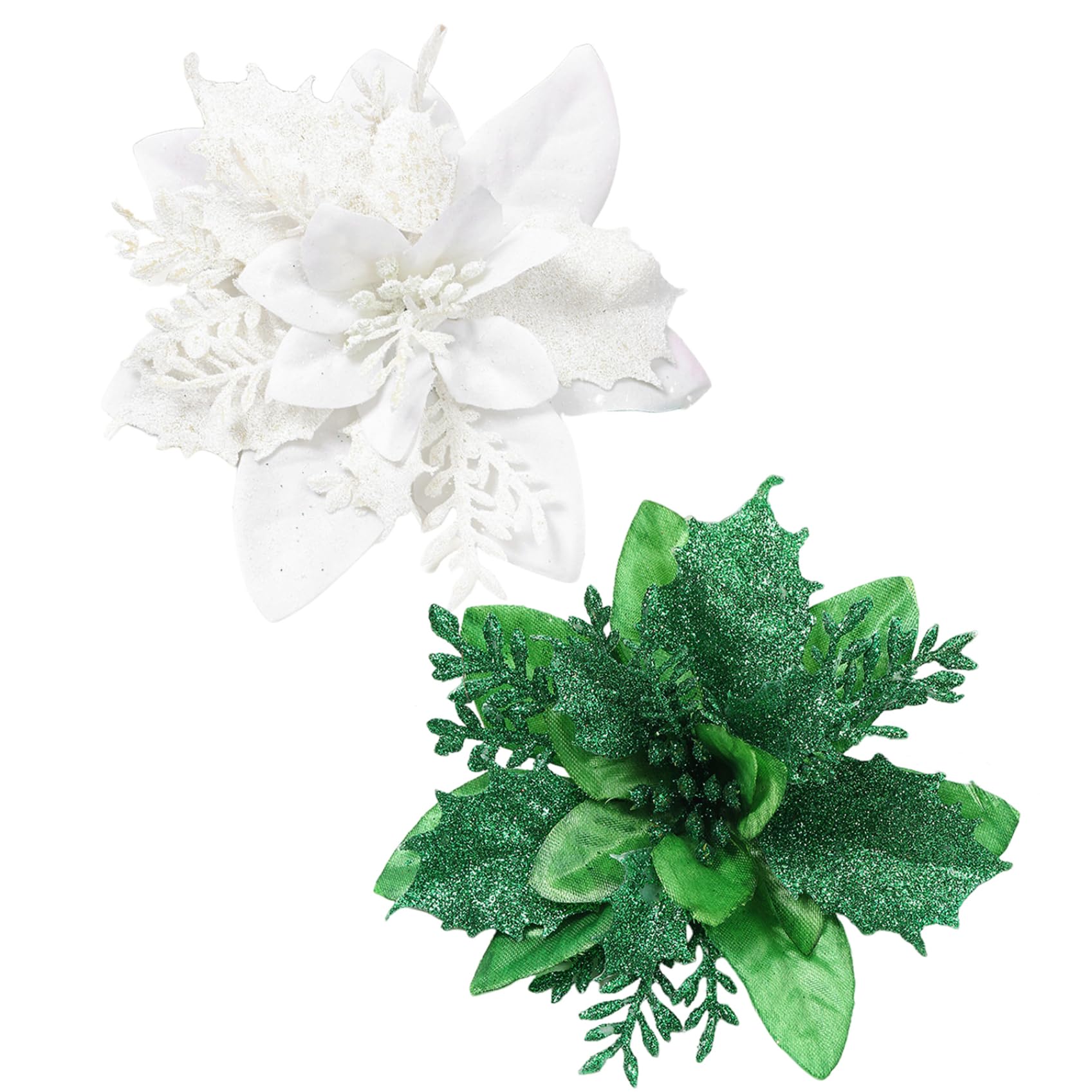Décoration De Noël Poinsettia Pailleté - Lot De 2 Fleurs Artificielles En Velours Vert Pour Sapin Et Intérieur Festif