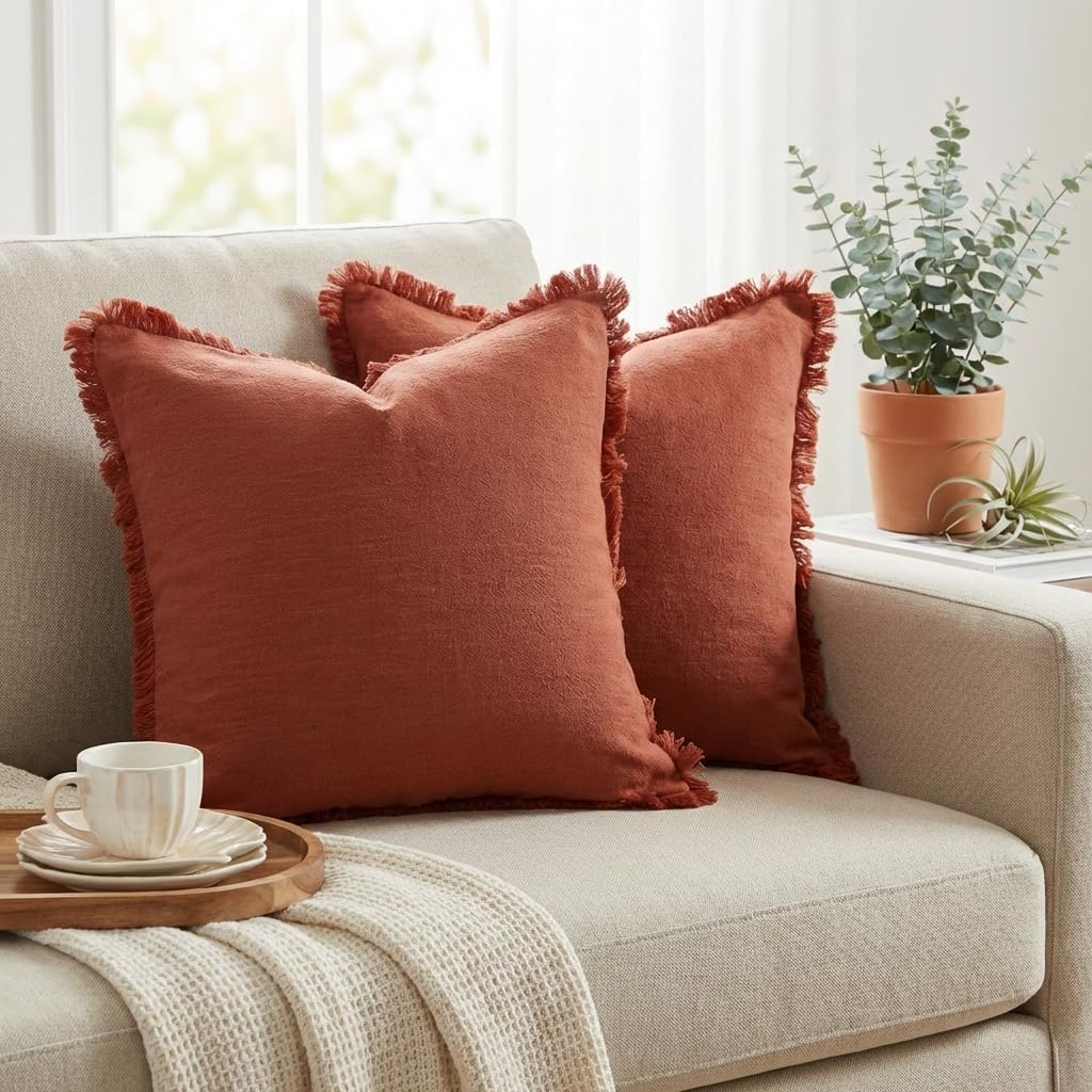 Sunday Praise Set of 2 Linen Fringe Fall Decorative Pillow Covers 20x20 Inch Farmhouse Accent Boho Throw Pillow Cases with Tassels Cozy Soft Cushion Covers for Couch Sofa Bed Home Decor,Rust Orange