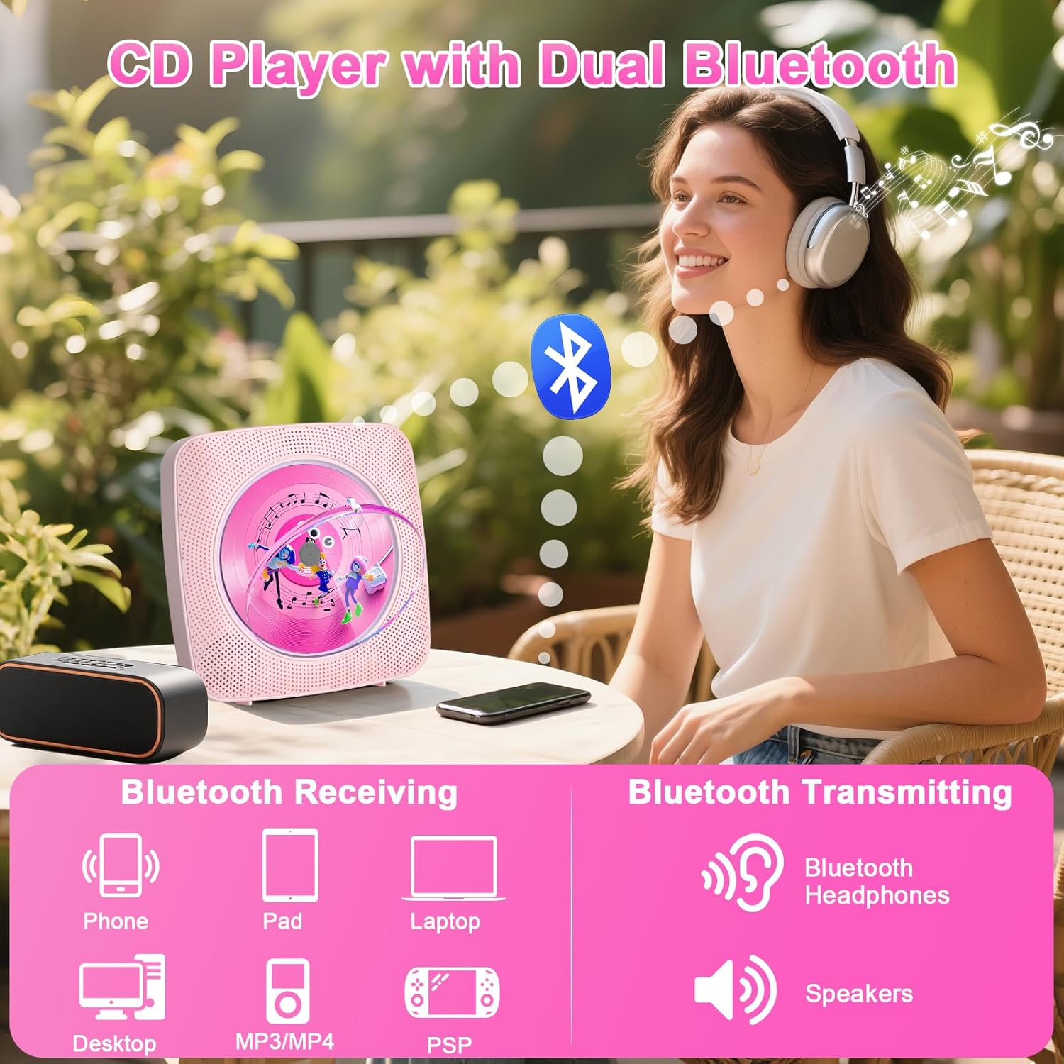 Image illustrating Bluetooth receiving and transmitting functions of the CD player, showing connections to phones, pads, laptops, and Bluetooth headphones or speakers.