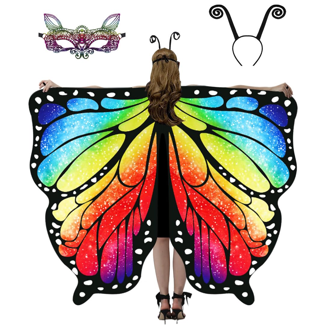 WhiteUniQoon Butterfly Costume for Women, Adult Butterfly Wings Halloween Party Costume with Lace Mask and Antenna Headband 018 โ image 1