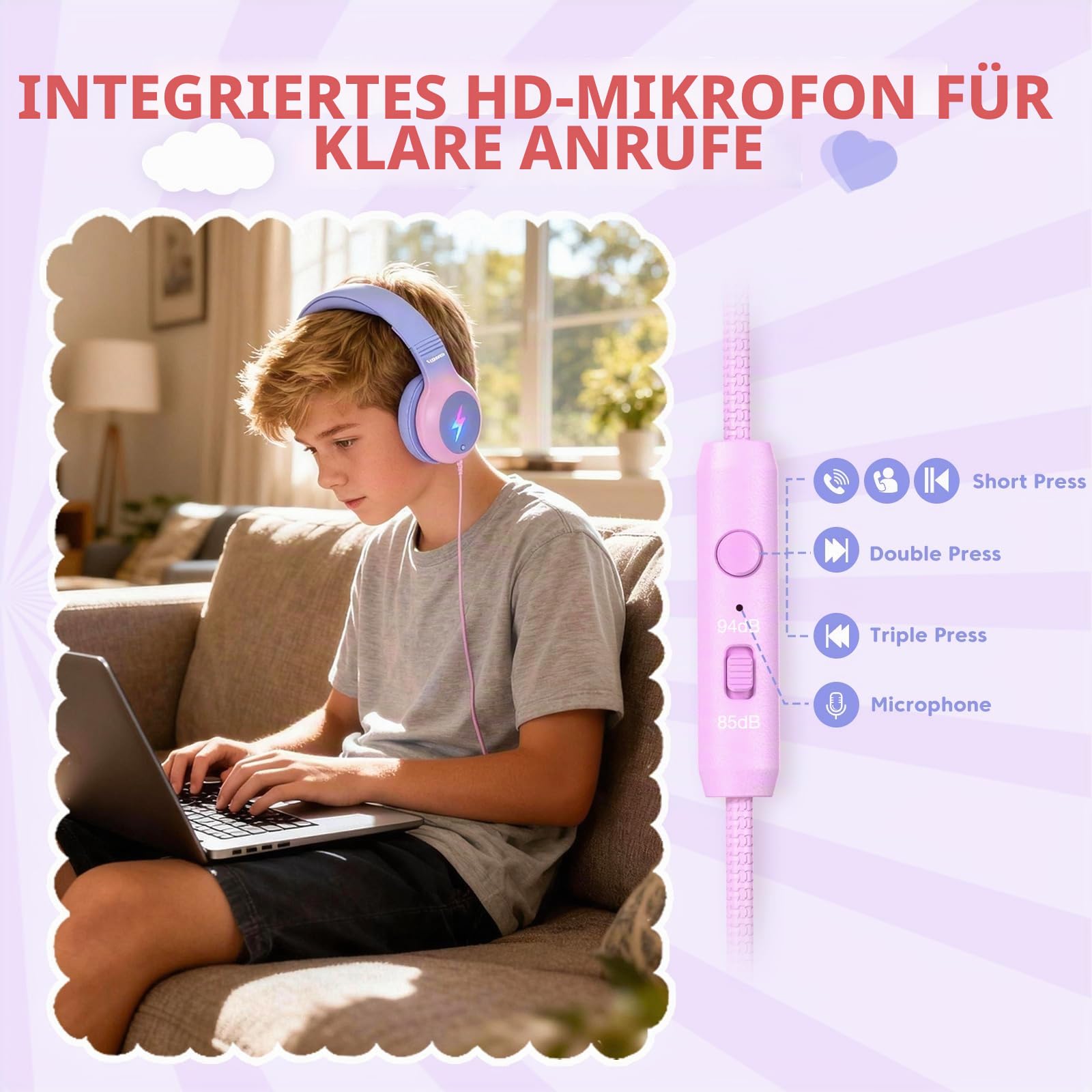 Cowyawn Kinder-Kopfhörer mit LED-Lichtern, USB-Typ-C-Kid-Kopfhörer mit Mikrofon, Lautstärkenbegrenzung 85/94 dB, Over-Ear-USB-C-Kopfhörer für Jungen/Mädchen/Schule/Tablet/Reisen/iPad/iPhone, Violett