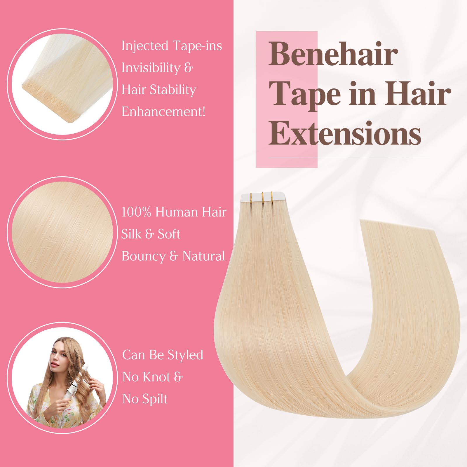 Benehair Invisible Tape in Injected Hair Extensions Real Human Weft Remy Natural Real Hair Extension Straight 10 Pcs #613 Bleach Blonde 22 Inches (25g) - Image 2