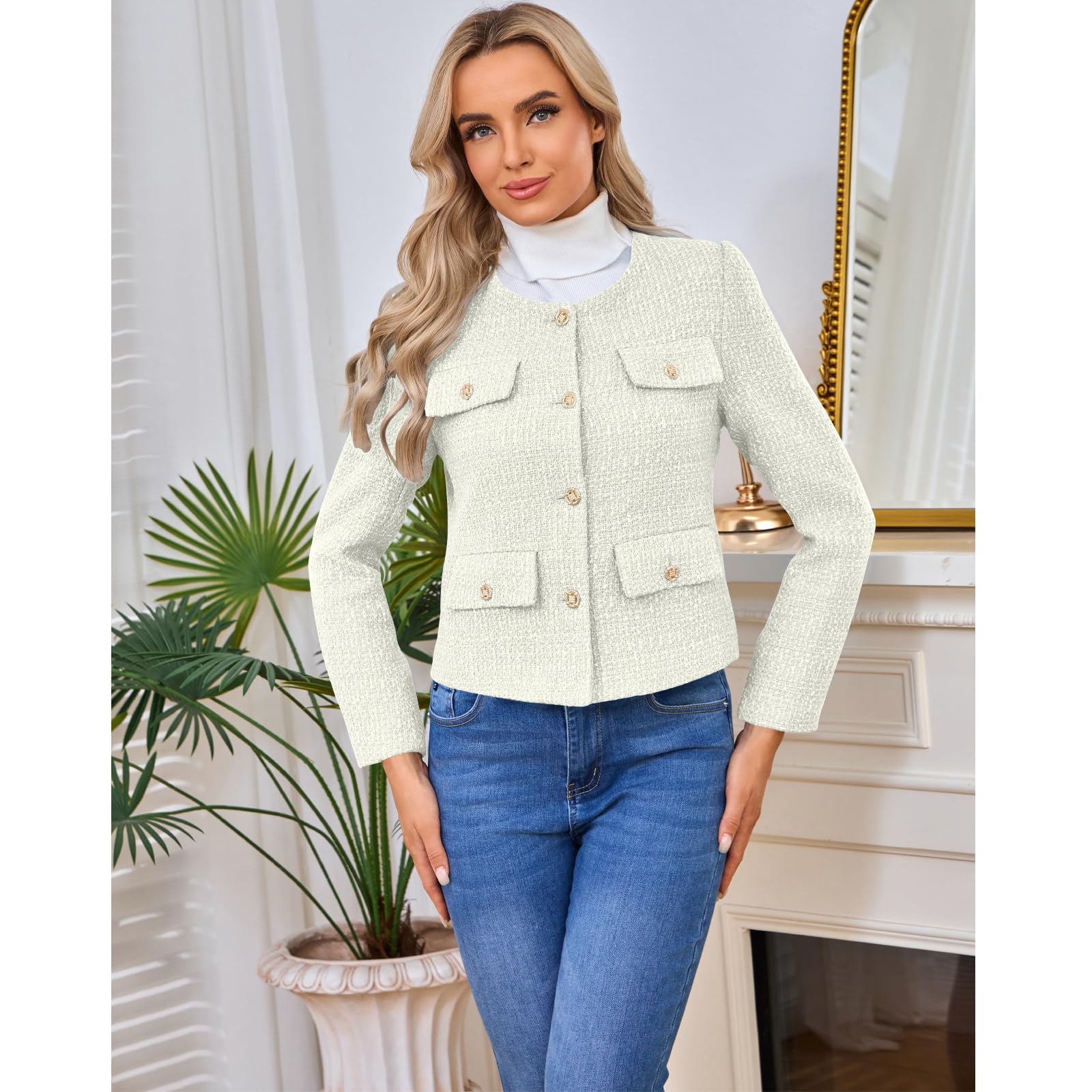 Blazers en tweed pour femme - Manches longues - Boutonnés - Courts - Décontractés