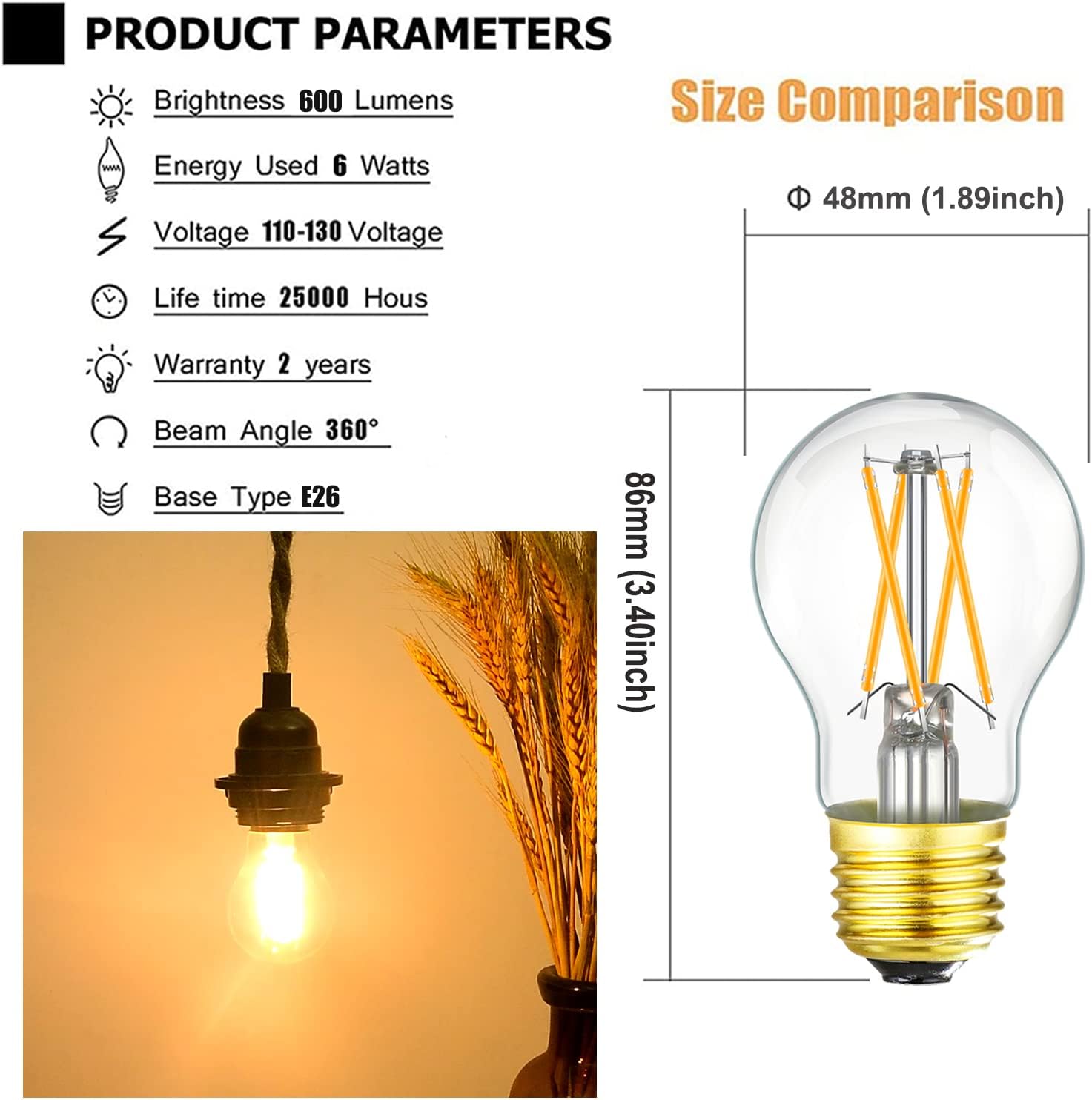 Leools Dimmable E26 LED Bulb 6W Equal 60W Vintage LED Edison Bulb AC120V 2700K A15 LED Bulb for Ceiling Fan, Appliance and Refrigerator Light Bulbs 600LM Clear Medium 6Pack