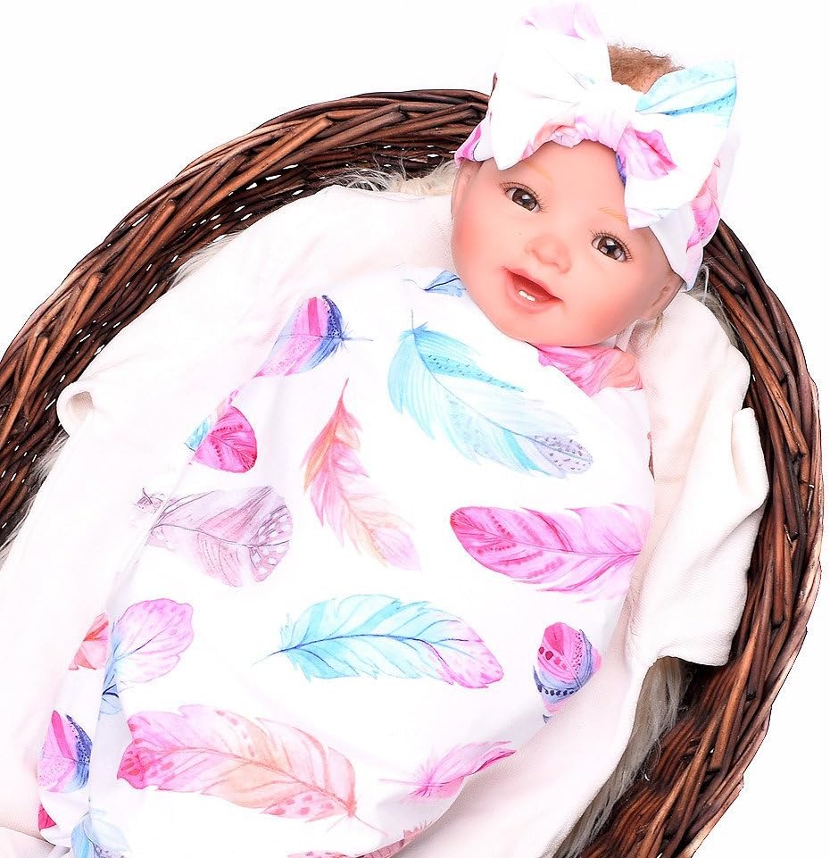 Galabloomer Baby Sleep Swaddle Blanket Large and Bow Headband Set 47 inch X 47 inch Feather