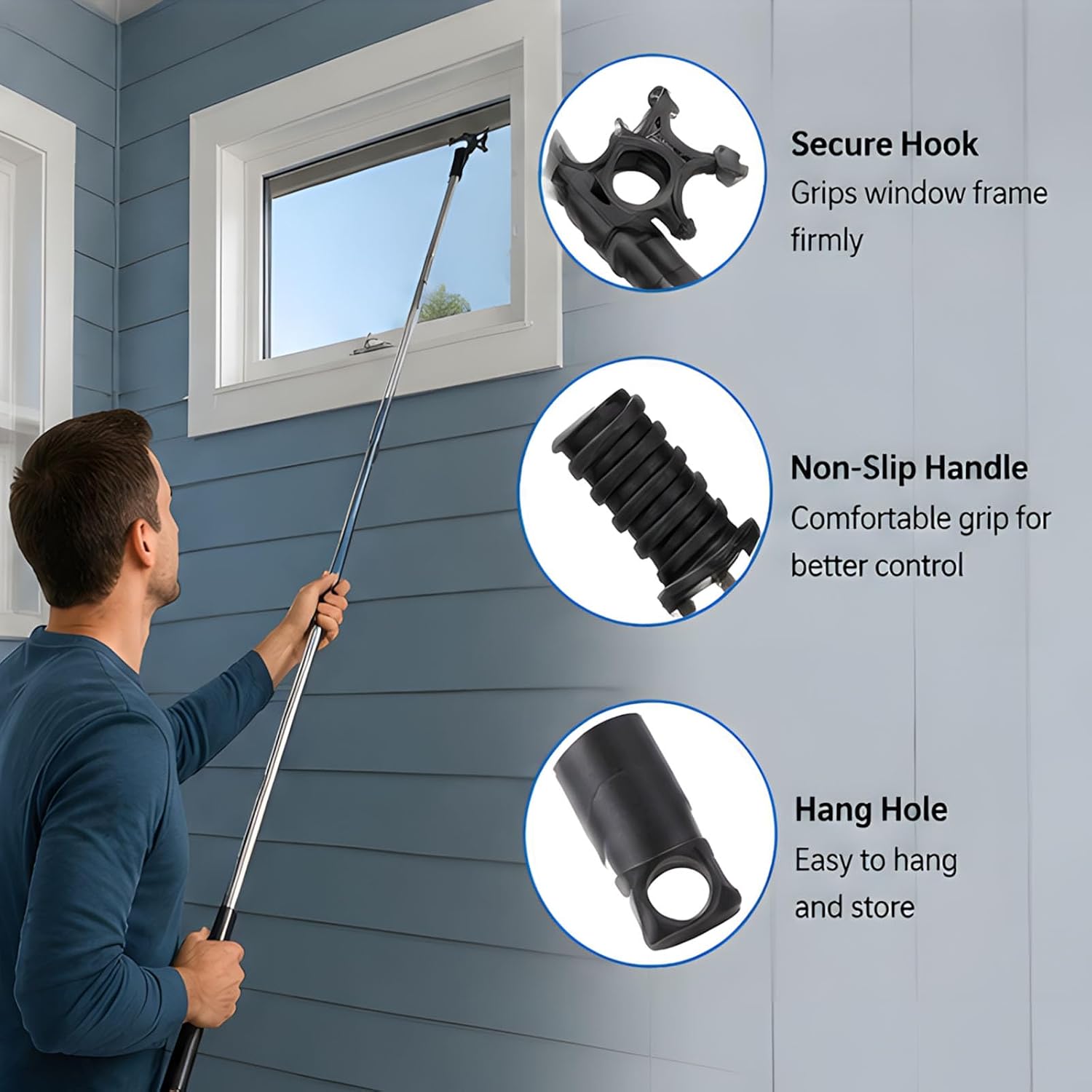 Attic Access Hook Rod for Upper Window Reach, 2m Manual Opener Tool with 25 Mm Hook Opening, Stainless Steel Sections and Roof Window Use Manual Opener Rod Roof Tool Upper