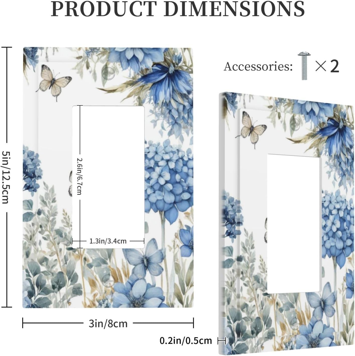 Decorative Outlet Covers Boho Blue Flowers Rustic Beige Butterfly Leaves 1 Gang Single Decora GFCI Device Light Switch Covers Plate 1 Rocker Wall Plate Jumbo Switch Cover Plate