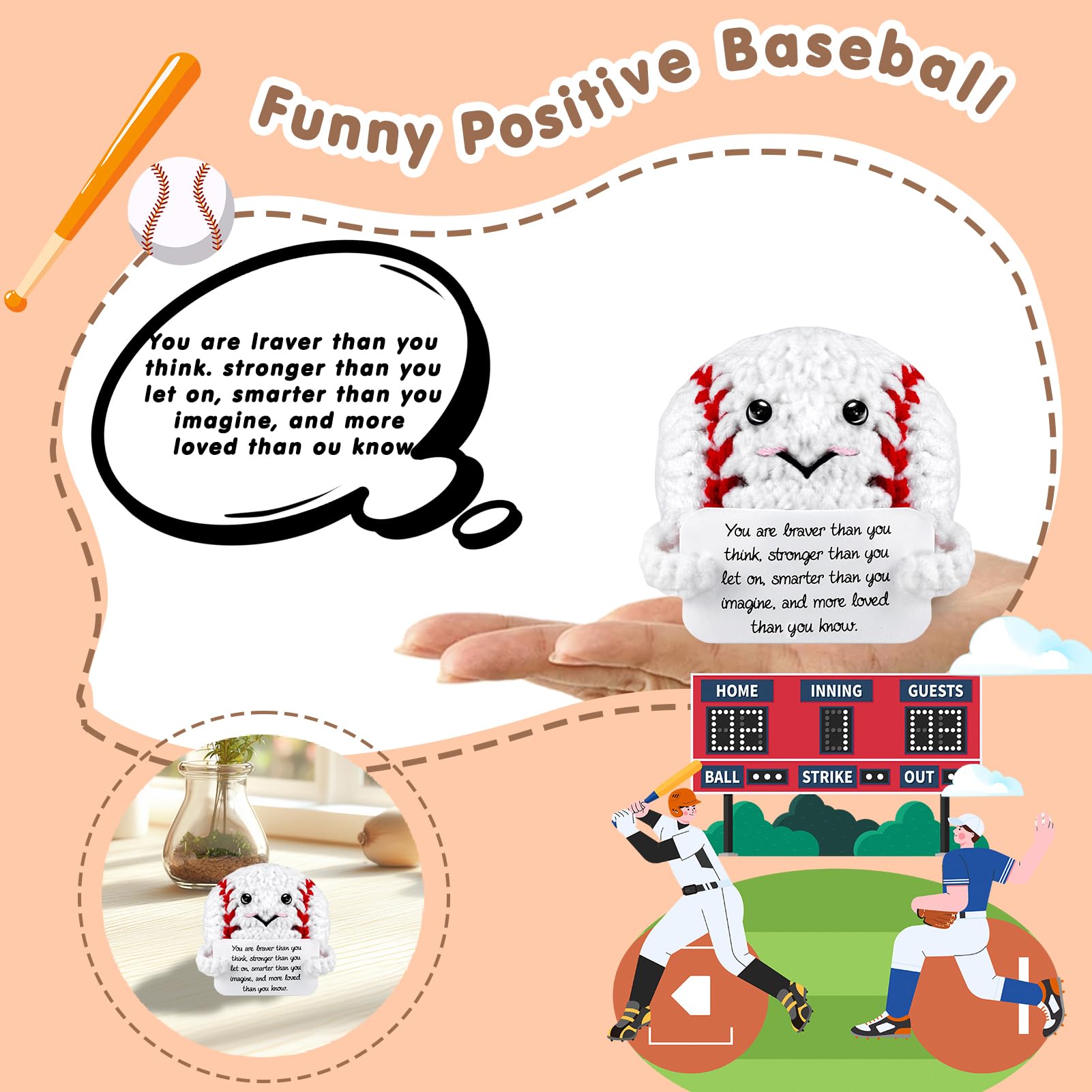ZLSPTK Positive Crochet Animals Baseball Emotional Support Plush Crochet Funny Gift for Women Friends Birthday Emotional Support Doll Knitting Toy Motivational Crochet Accessories Desk Room Decor