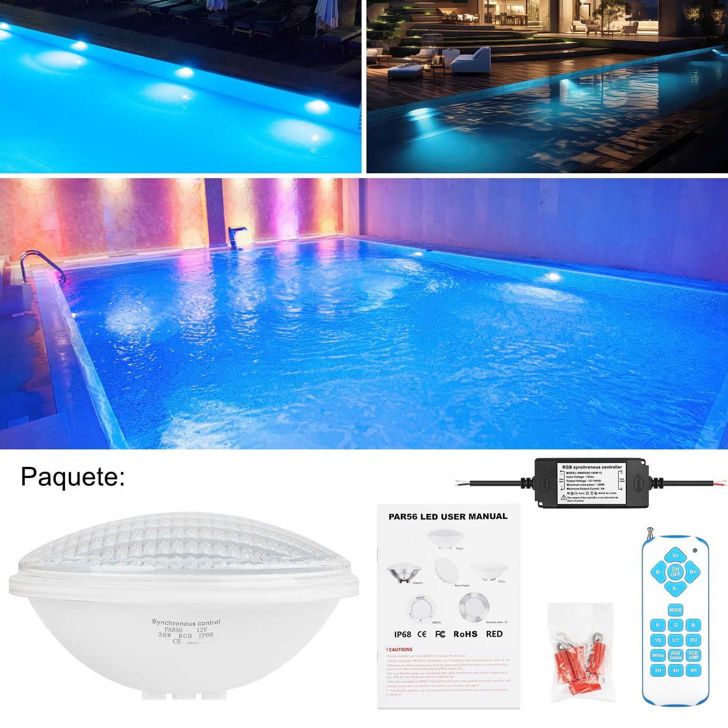 COOLWEST LED Piscina PAR56, Proyector Piscina RGBW Multicolor de 36W con Sincronizador Externo y Control Remoto IP68, AC 12V para Iluminación de Jardín