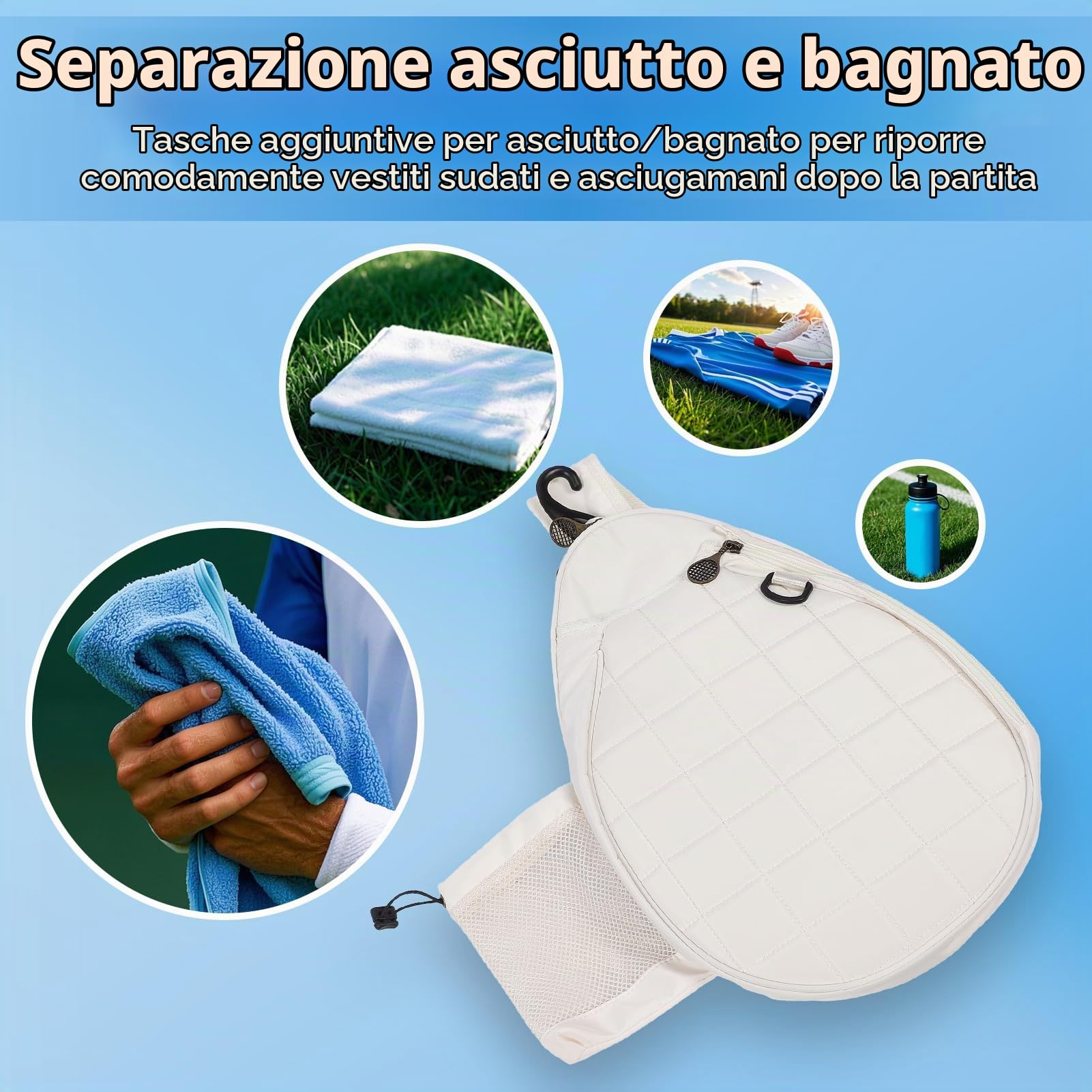 Borsa da Tennis Zaino Leggero Borsa a Tracolla Imbottitura in Schiuma Paddle per Pickleball Separazione da Asciutto e Bagnato
