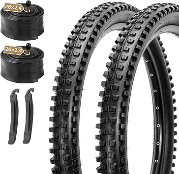 MOHEGIA Mountain Bike Tires Set 2 Pack 26x2.4/27.5x2.4/ 29x2.4 Inch Folding Bicycle Tires Replacement and Pair 26/27.5/29 Inch Inner Tubes Schrader Valve with Tire Levers
