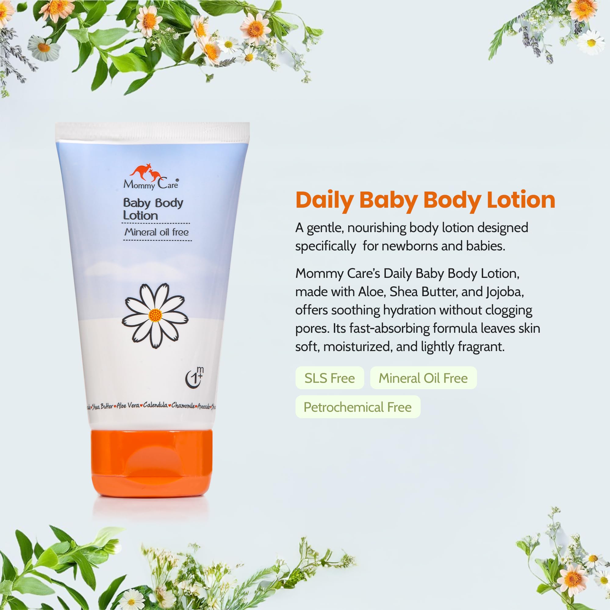 Mommy Care Organic Baby Body Lotion Organic Skin Cream for Babies Natural Moisturizing and Soothing Formula Great for Normal, Dry and Sensitive Skin with Calendula, Aloe Vera 120 ml/ 4.06 oz