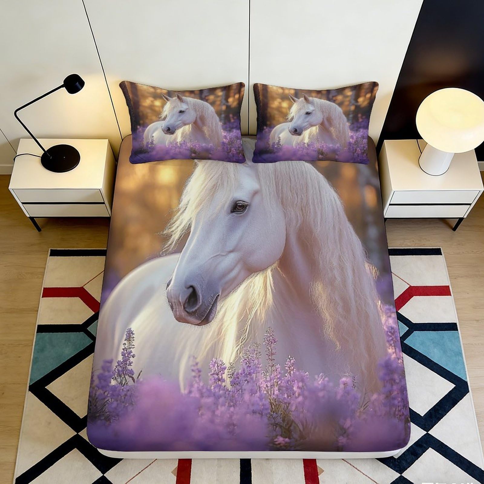 3D Printed White Horse Fitted Sheet Microfiber Soft Durable Lavender Flowers Bed Cover for Bedroom Dormitory Guest Room Mattress Protection Decor 90x200x25cm