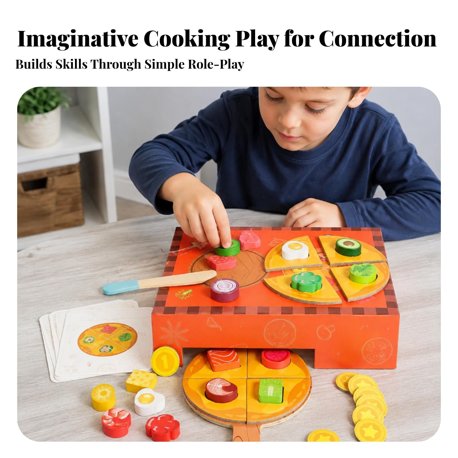 Set Pizza Giocattolo in Legno Educativo Gioco di Simulazione Pizzeria in Legno Sviluppa Motricità Fine Set Pizzeria Giocattolo con Accessori per Casa