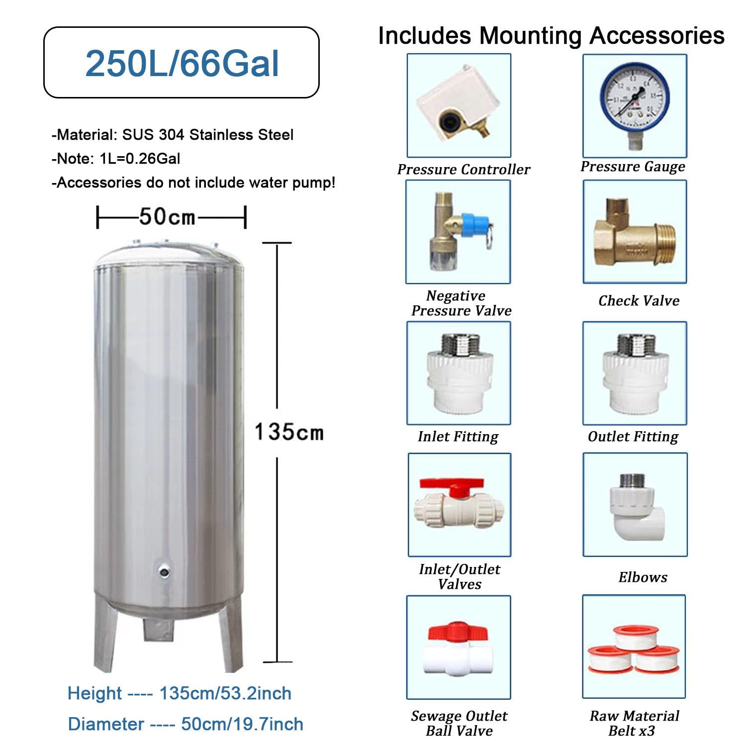 Druckbehälter Druckkessel 60 100 160 200 250 300 L Wasserspeicher Drucktank 220v, Edelstahl Hohe Vordruckbehälter Tragbar, Druckspeicher,250L/66Gal-50x135cm