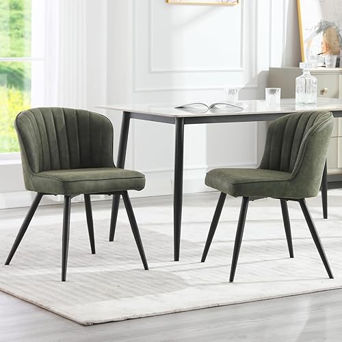 Juego de 2 sillas de comedor de cuero verde, modernas de mediados de siglo, con respaldo tapizado, sillas laterales sin brazos para cocina, comedor,