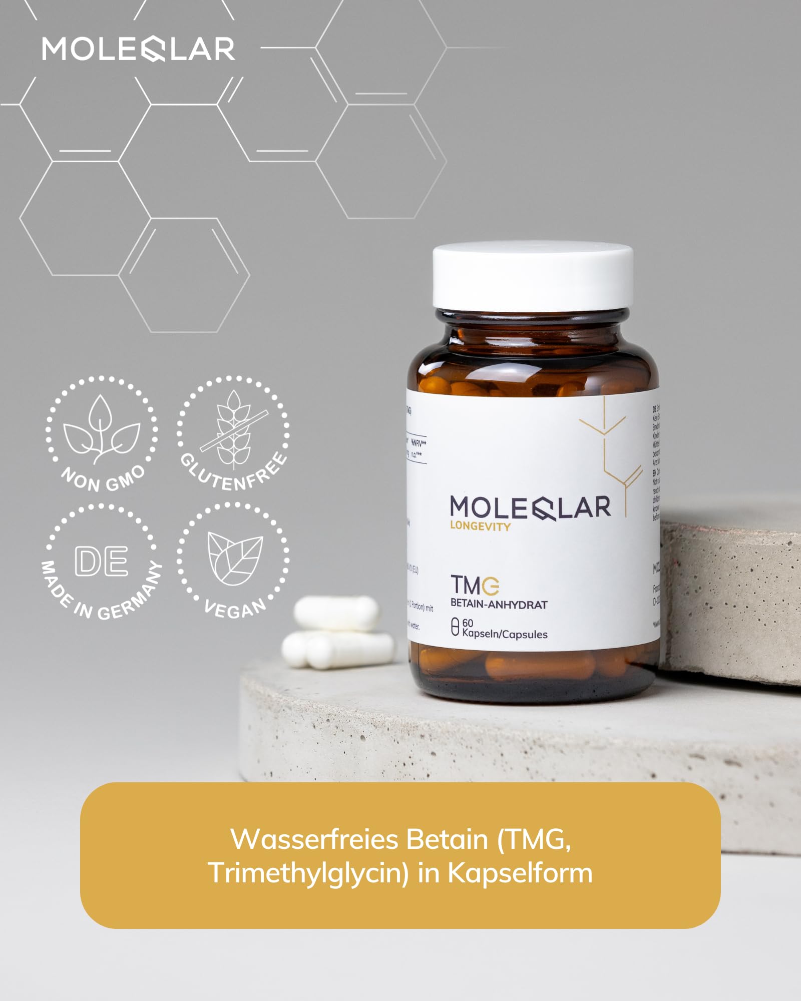 MoleQlar Bétaïne TMG 60 gélules – 500 mg triméthylglycine/capsule, haute pureté, végan, fabriqué en Europe
