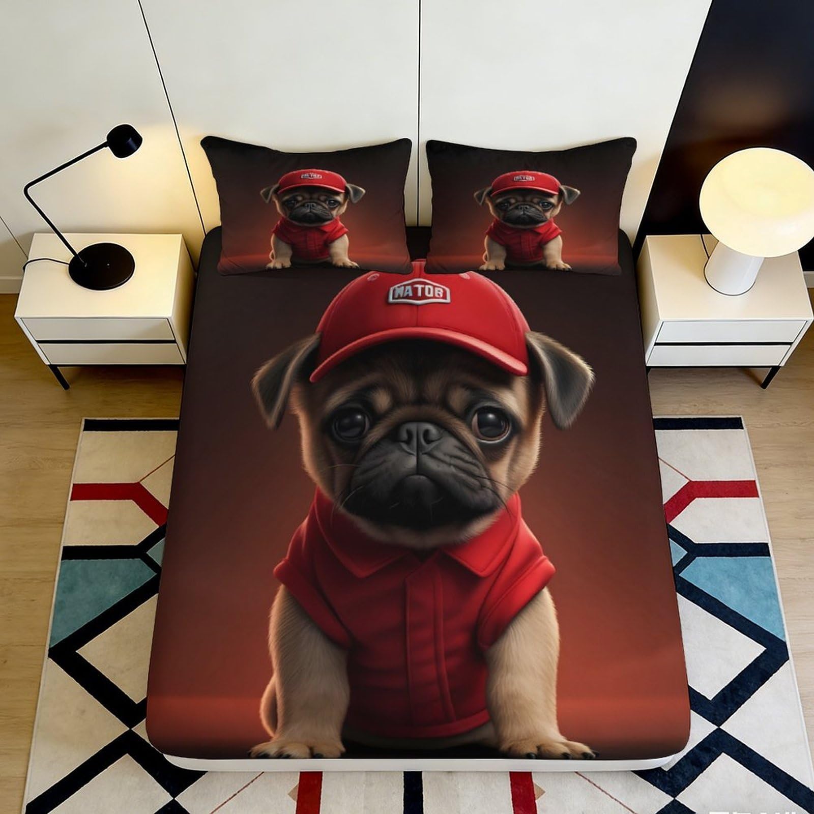 3D Printed Cute Pug Dog Fitted Sheet Microfiber Soft Breathable Red Puppy Bed Sheet Mattress Cover for Bedroom Dormitory Guest Room Mattress Protection Decor 120x200x25cm