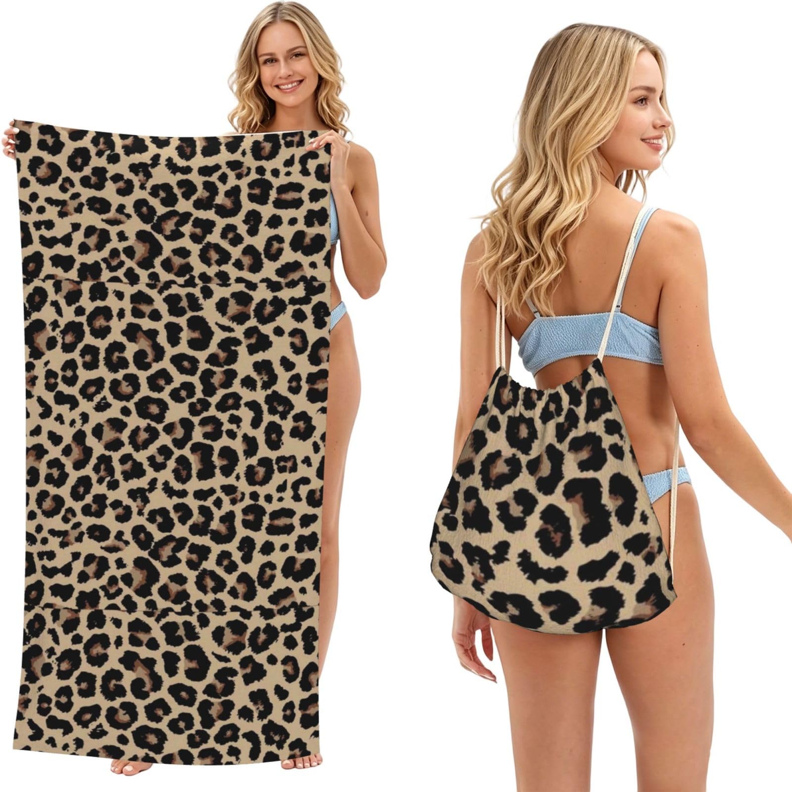 Poadnly As Picture Leopard Leopard Print, 2 In 1 Packable Towel Bag, Beach Towels With Drawstring Backpack For Travel Holiday Camping