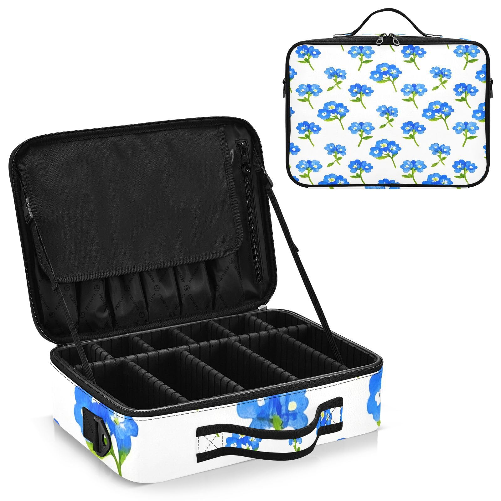 zyrtty Travel Makeup Train Case White with Blue Flowers Pattern Cosmetic Organizer Portable Storage Bag with Adjustable Dividers for Cosmetics Brushes Toiletry Jewelry Digital Accessories