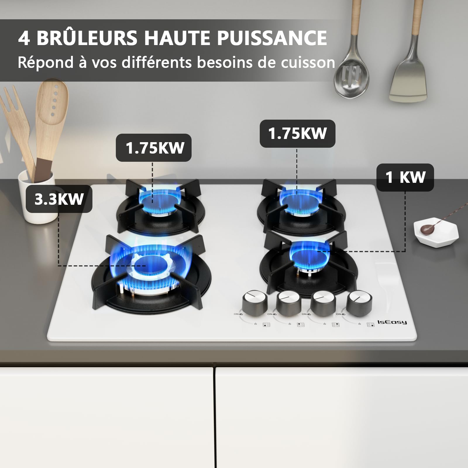 IsEasy Piano cottura a gas 4 fuochi vetro bianco, Piano cottura a gas 4 fuochi da incasso, Piano cottura 60cm, 7800W, Supporti in ghisa, Gas di città e bombola