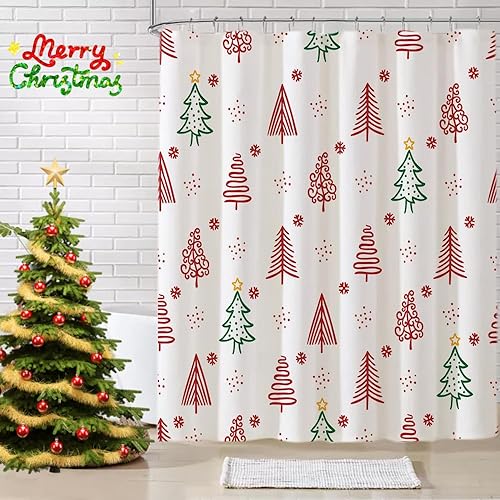 Juego de cortinas de ducha de Navidad, cortina de ducha de árbol rojo de Navidad, cortina de ducha de pino rojo y verde para decoración de baño,