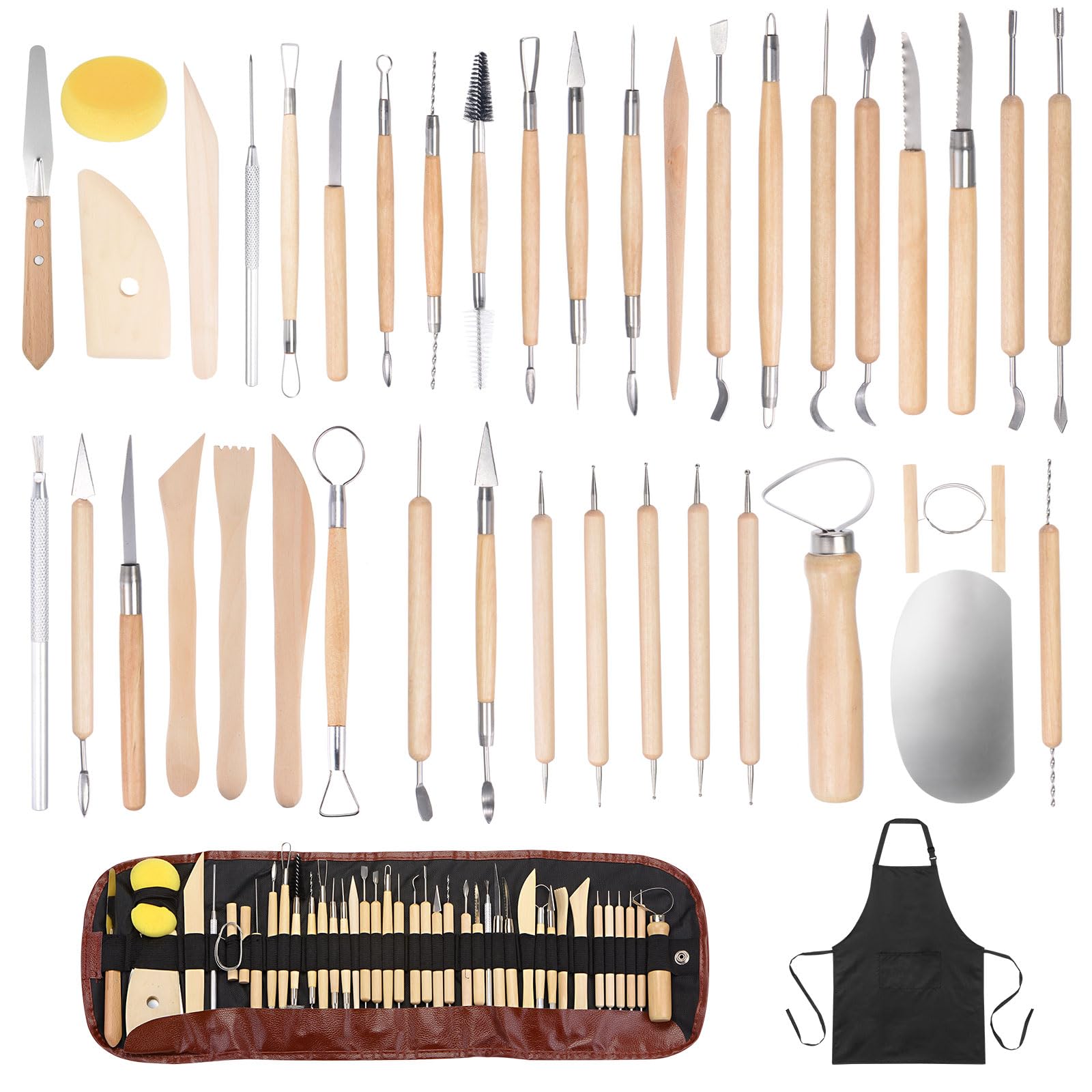 HARFINGTON 42pcs Pottery Tools Set Ceramic Clay Sculpting Trimming Kit, Modeling Carving Shaping Tool with Smooth Wooden Handles, Apron and Tool Bag, for Beginners and Professionals