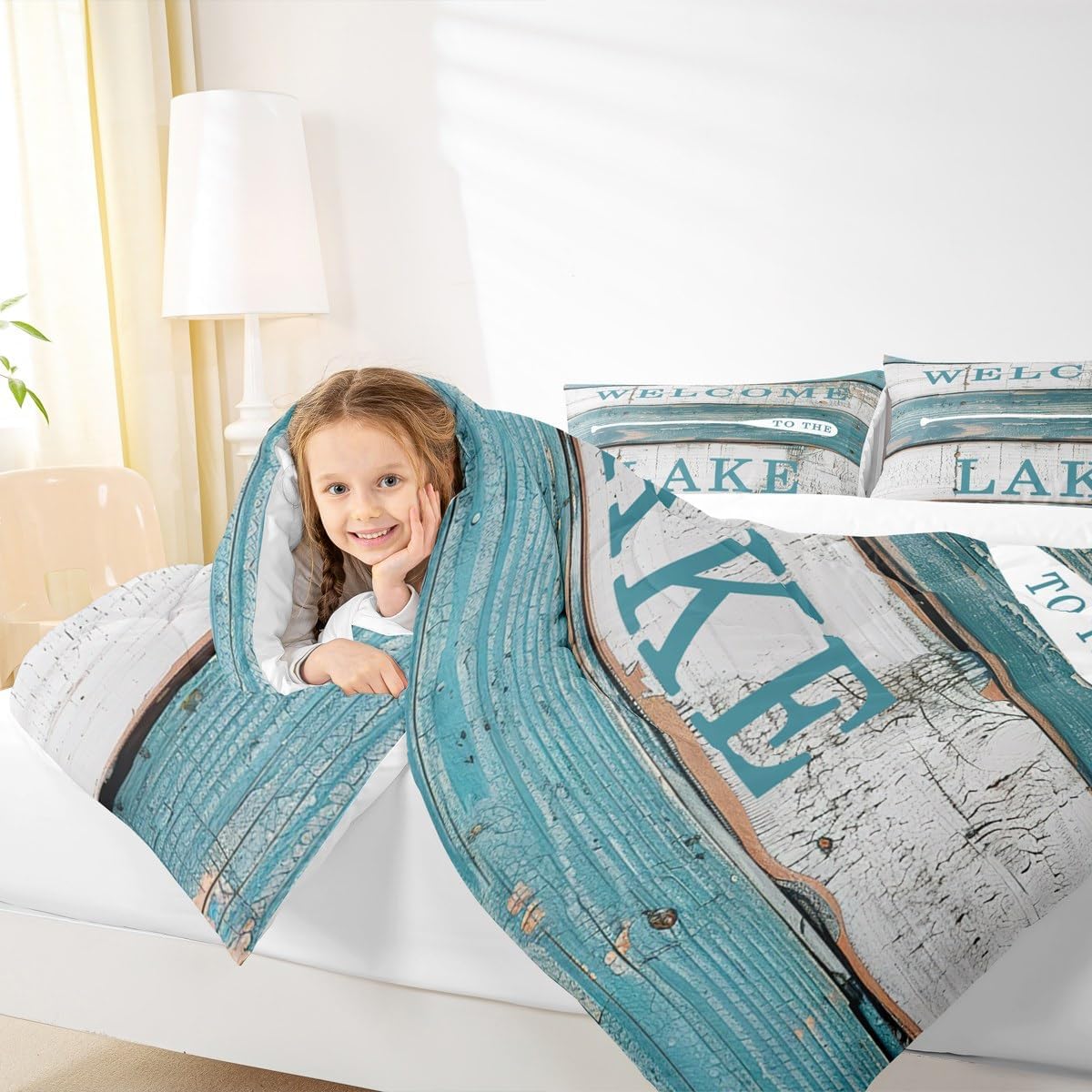 Lake House Comforter Set Queen Size, Rustic Cabin Farmhouse Style Bedding Set 3pcs, Blue Grey Wooden Plank Down Comforter for Women Adults Room Decor, Country Lake Life Luxury Bed Set for All Season
