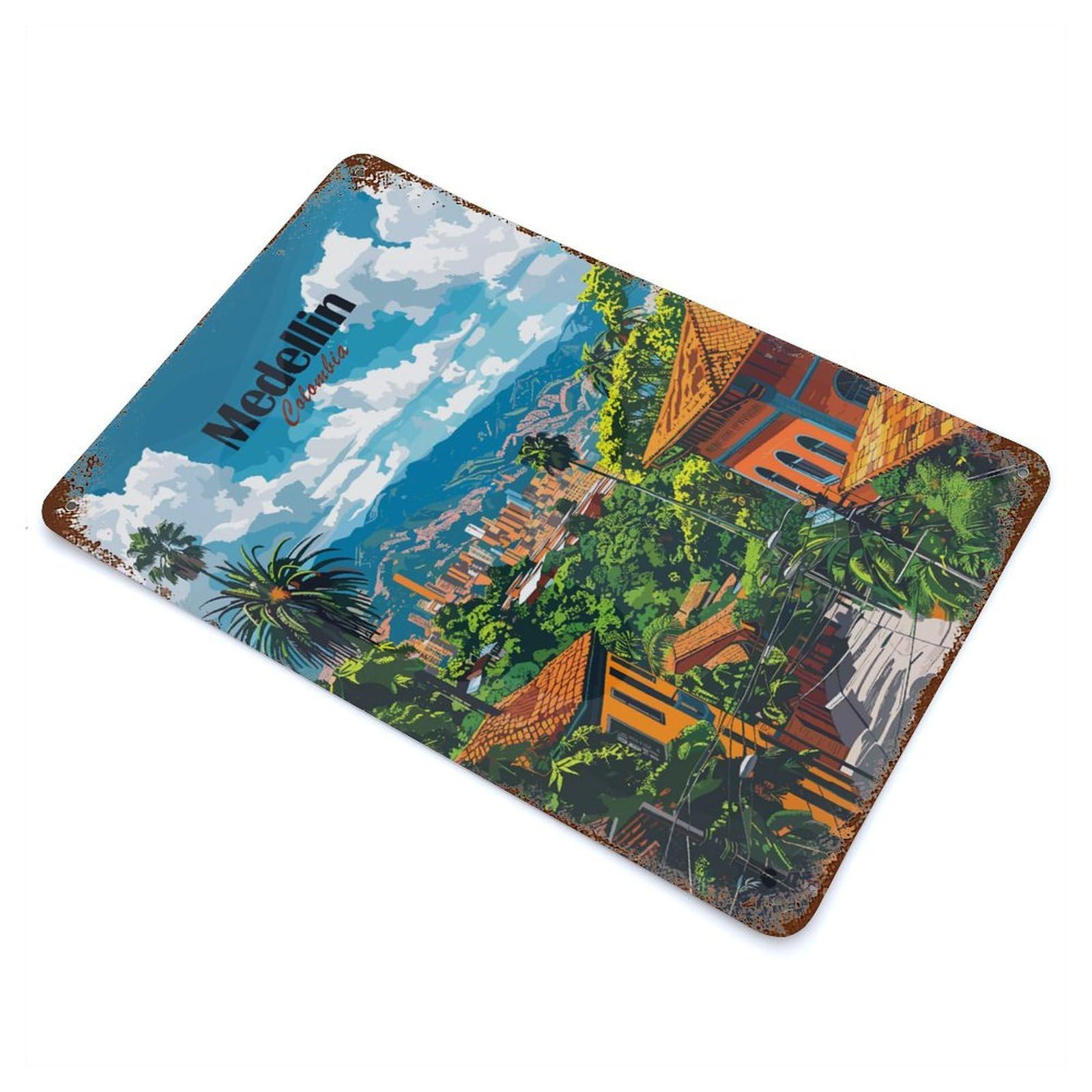 Rust Effect Medellin Cityscape Rusty Metal Tin Sign 11.8"x7.9", Rustic Home Decor for Bistro, Counter And Cafe Decor