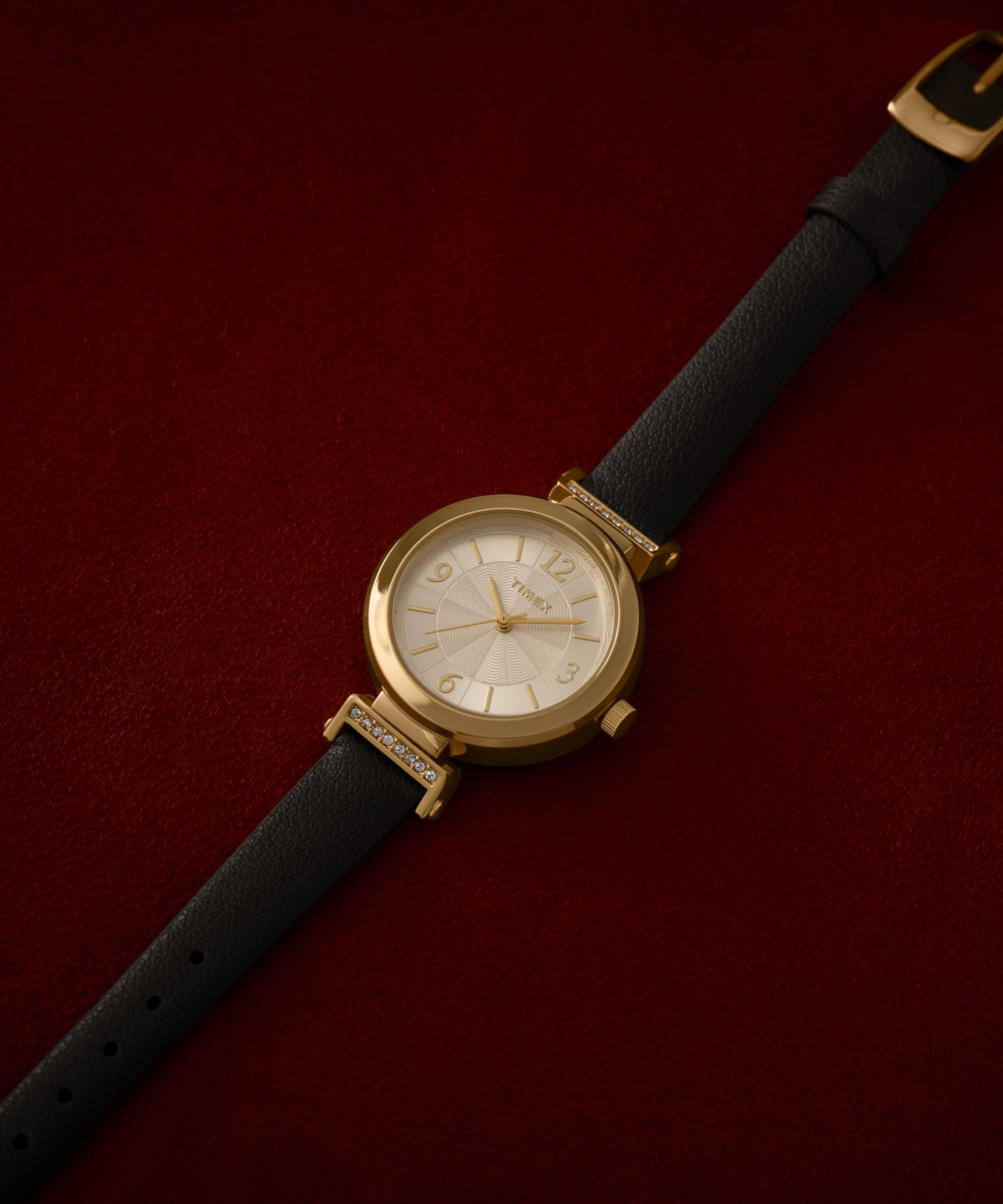 Timex Zegarek Damski Main Street 31 mm, Czarny Skórzany Pasek, Srebrna Tarcza, Złota Obudowa TW2W96400