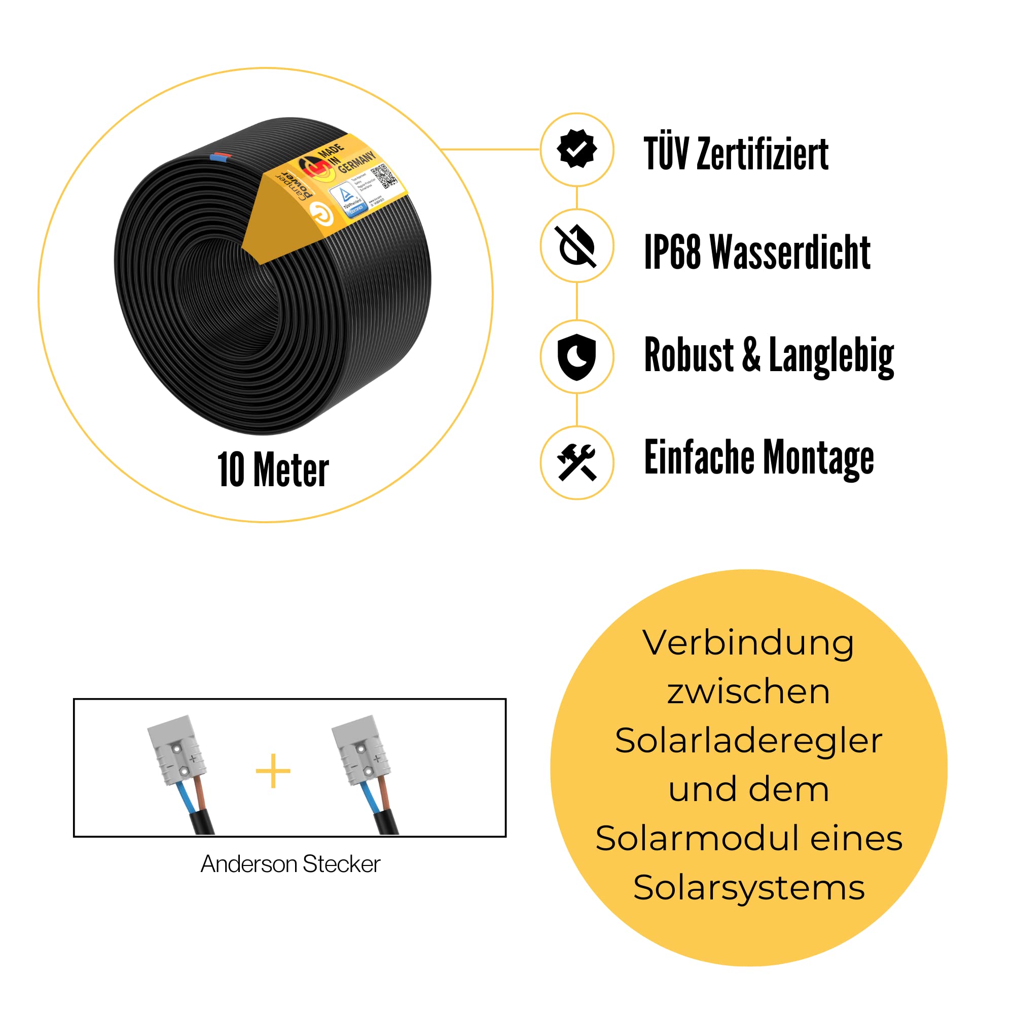 10m Photovoltaik Verlängerungskabel für Mobile Solartaschen | 50A Anderson Steckverbinder | 6mm2 | Solarkabelverlängerung| für Balkonkraftwerk & Camping | Made IN Germany