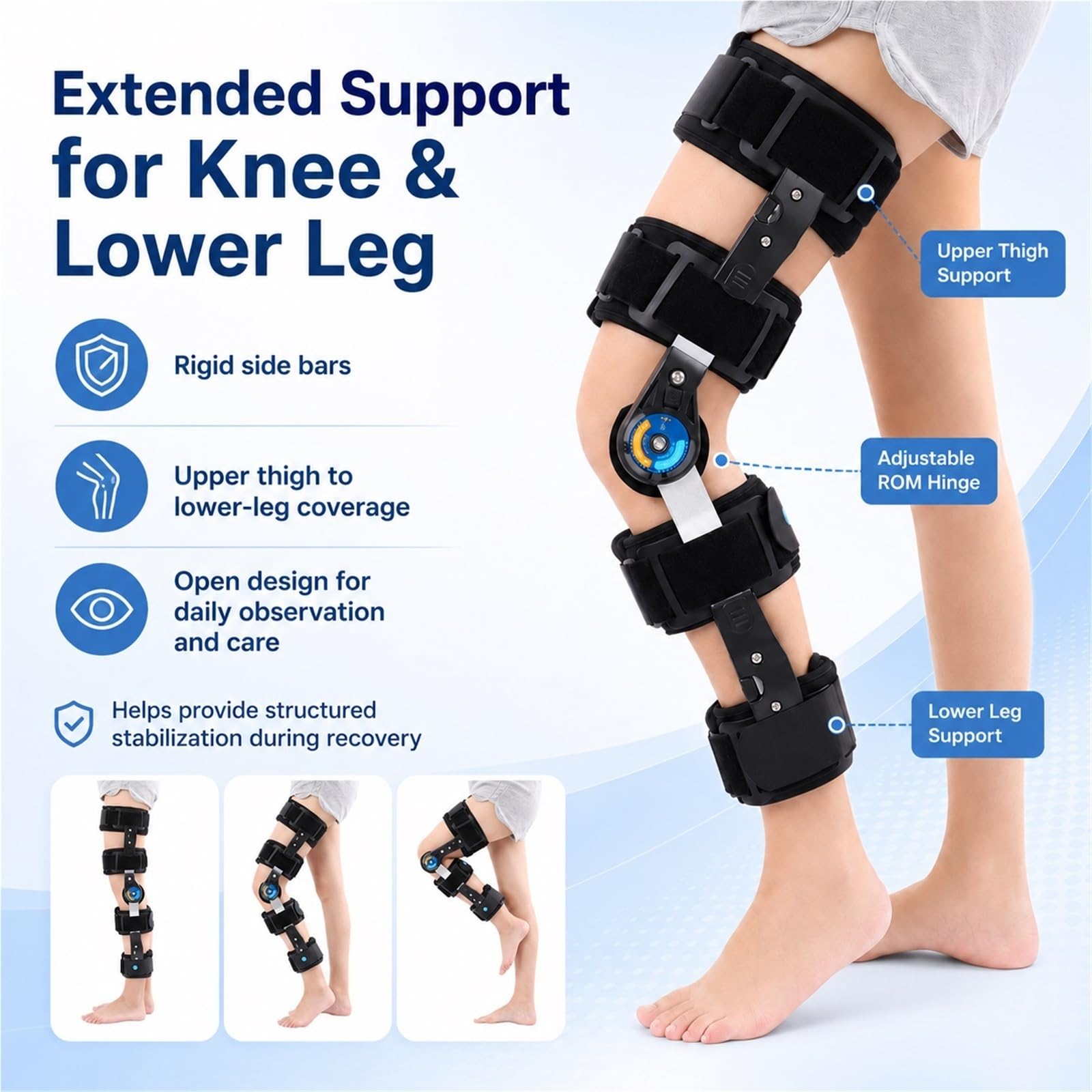 Rodillera ROM con Estabilizadores Laterales y Bisagras Ajustables para Recuperación Postoperatoria de Menisco y Ligamentos Cruzados ACL MCL PCL Soporte de Rodilla