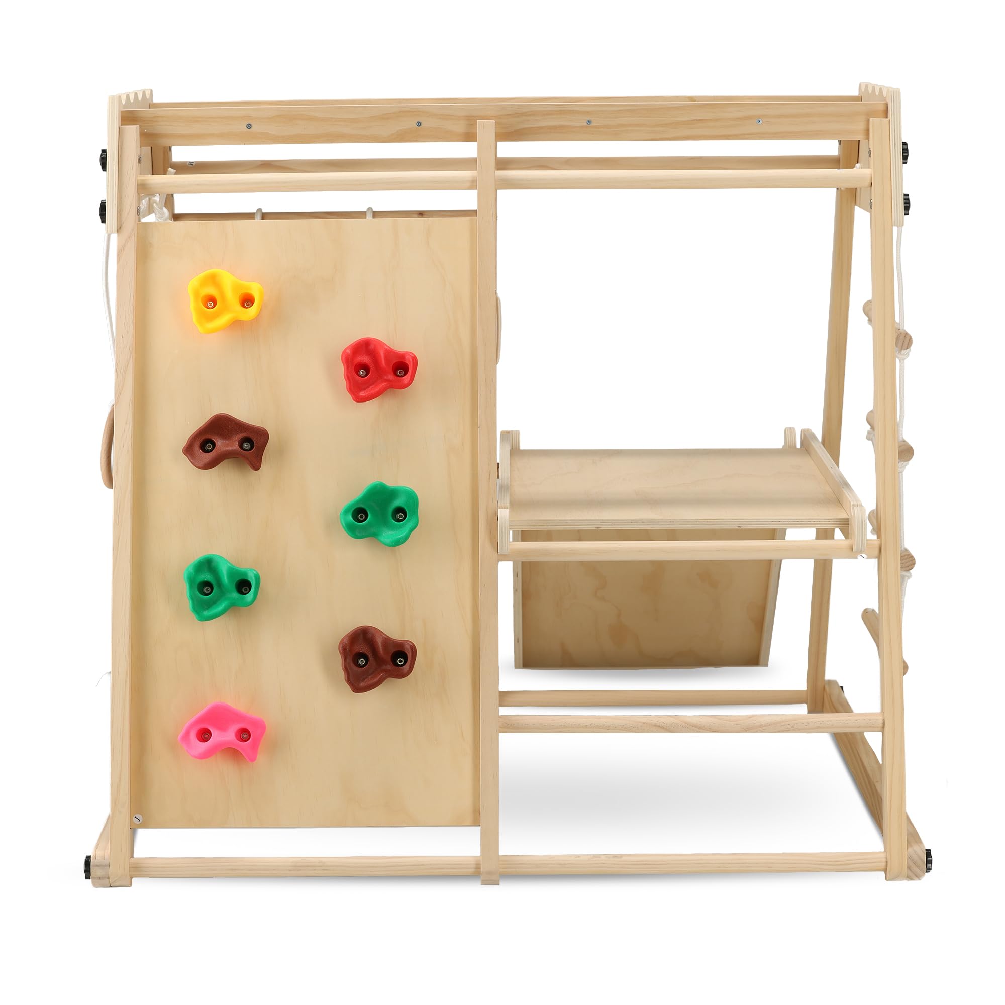 Deryan Klettergerüst für Kinder - Indoor Spielplatz mit Rutsche, Kletterwand, Kletternetz & Turnringe - Holz Kletterturm klappbar - Natur