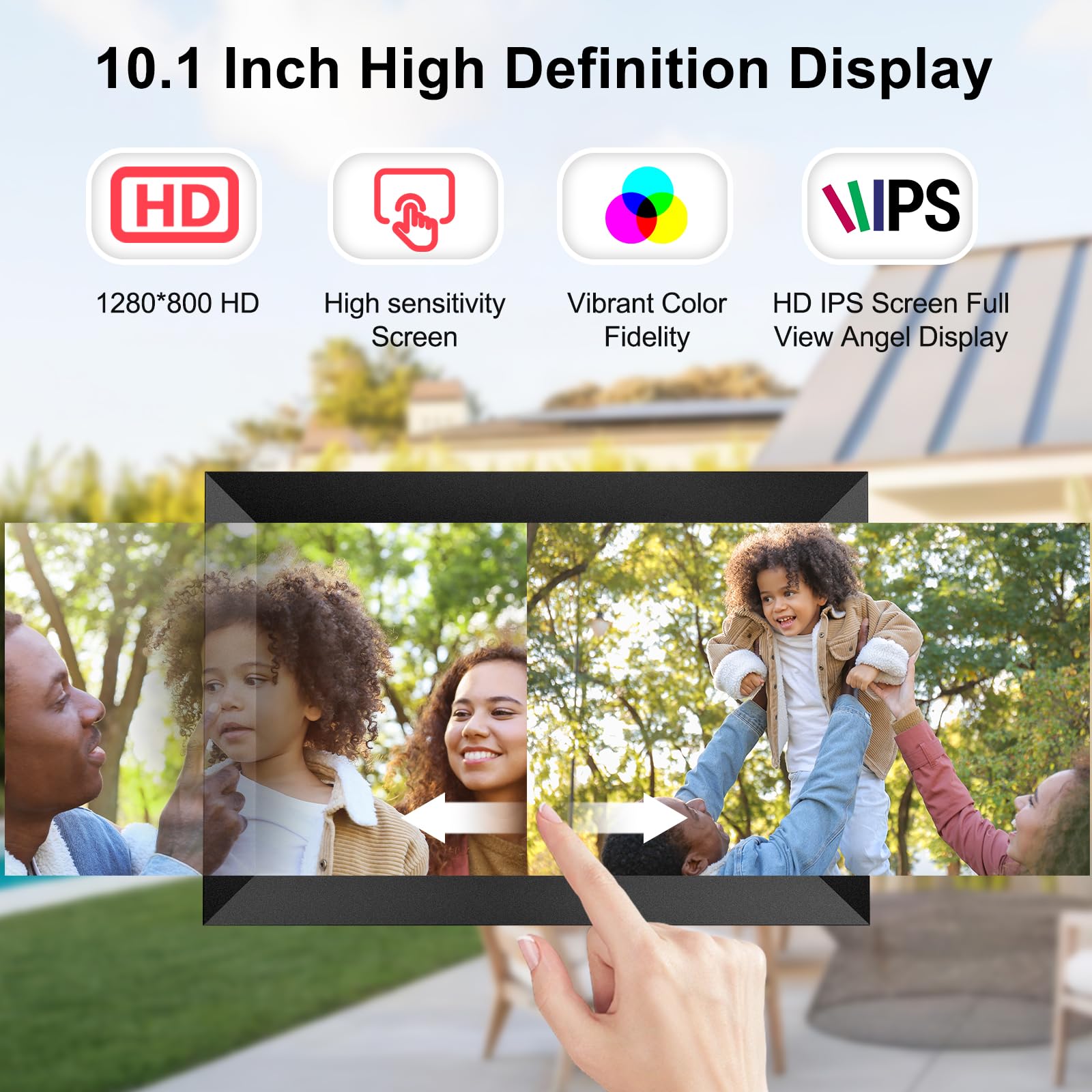 Hesmor 64GB Cornice Digitale Foto WiFi 10.1 Pollici 1280x800 Portafoto Digitale Schermo Tattile IPS LCD Frameo Cornice Foto Digitale Elettronica Rotazione Auto Condividi Foto e Video, Nero