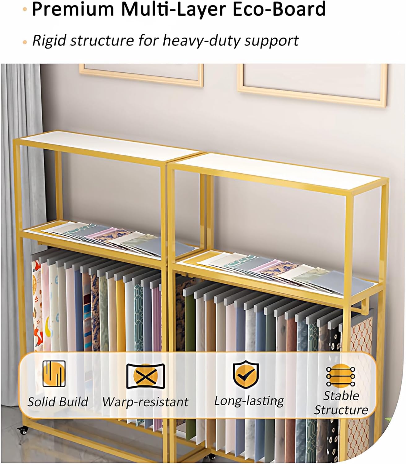 Commercial Metal Fabric Display Rack with Wheels, Heavy-Duty Curtain Sample Stand with 2-Tier Shelving, Mobile Textile Organizer for Home Decor Store, Warehouse, Retail Showroom (Gold, 39.4in/100cm)