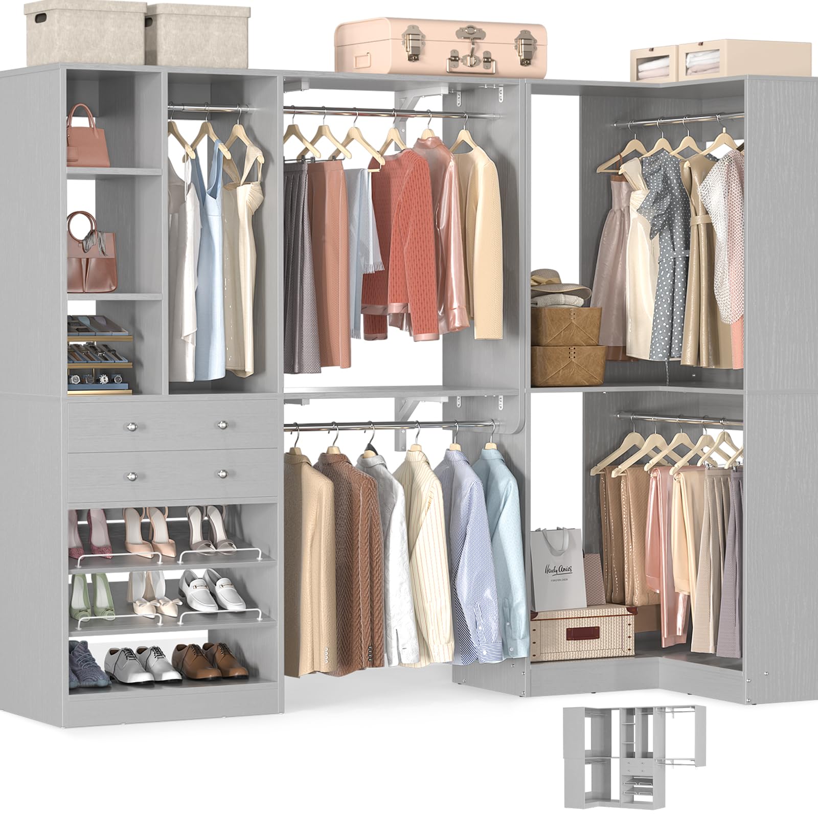 Closet System with 2 Drawers, 5 Hanging Robs, 4 Adjustable Shelves, 90.5"*31.5" Closet Organizer System with Corner Tower, L-shape Walk-in Closet