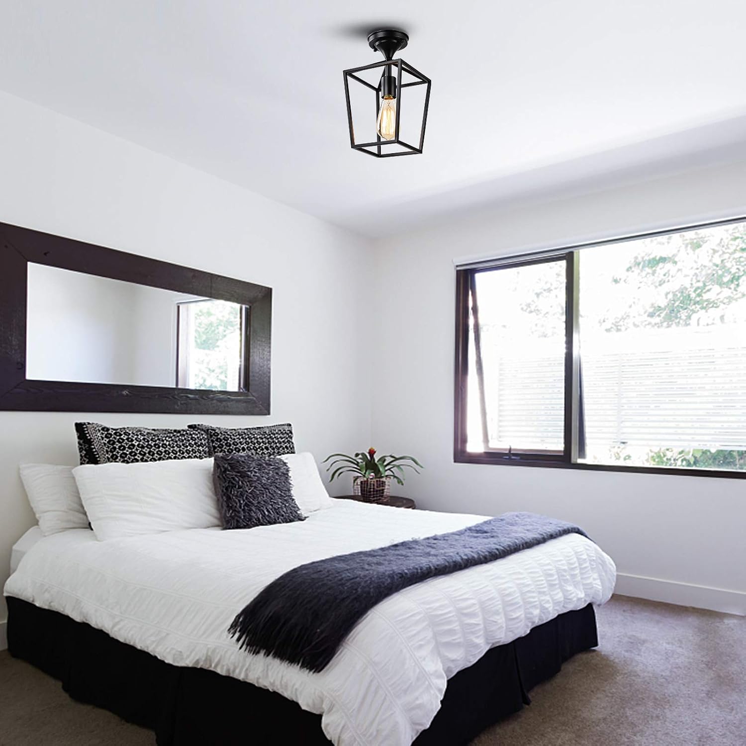 HMVPL Semi Flush Mount Ceiling Light, Black Industrial Ceiling Light Fixtures, Farmhouse Outdoor Light Fixture for Porch Gazebo Foyer Entryway Hallway Laundry, E26