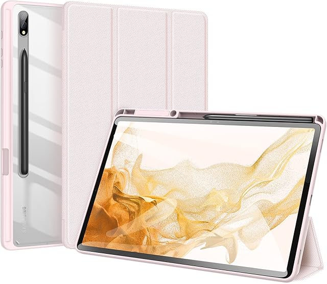 Case for Samsung Galaxy Tab S8 Plus / S7 Plus / S7 FE 12.4 inch, Tablet Trifold Case Cover Transparent PC Back Shell with Pencil Slot/Auto-Wake, Pink