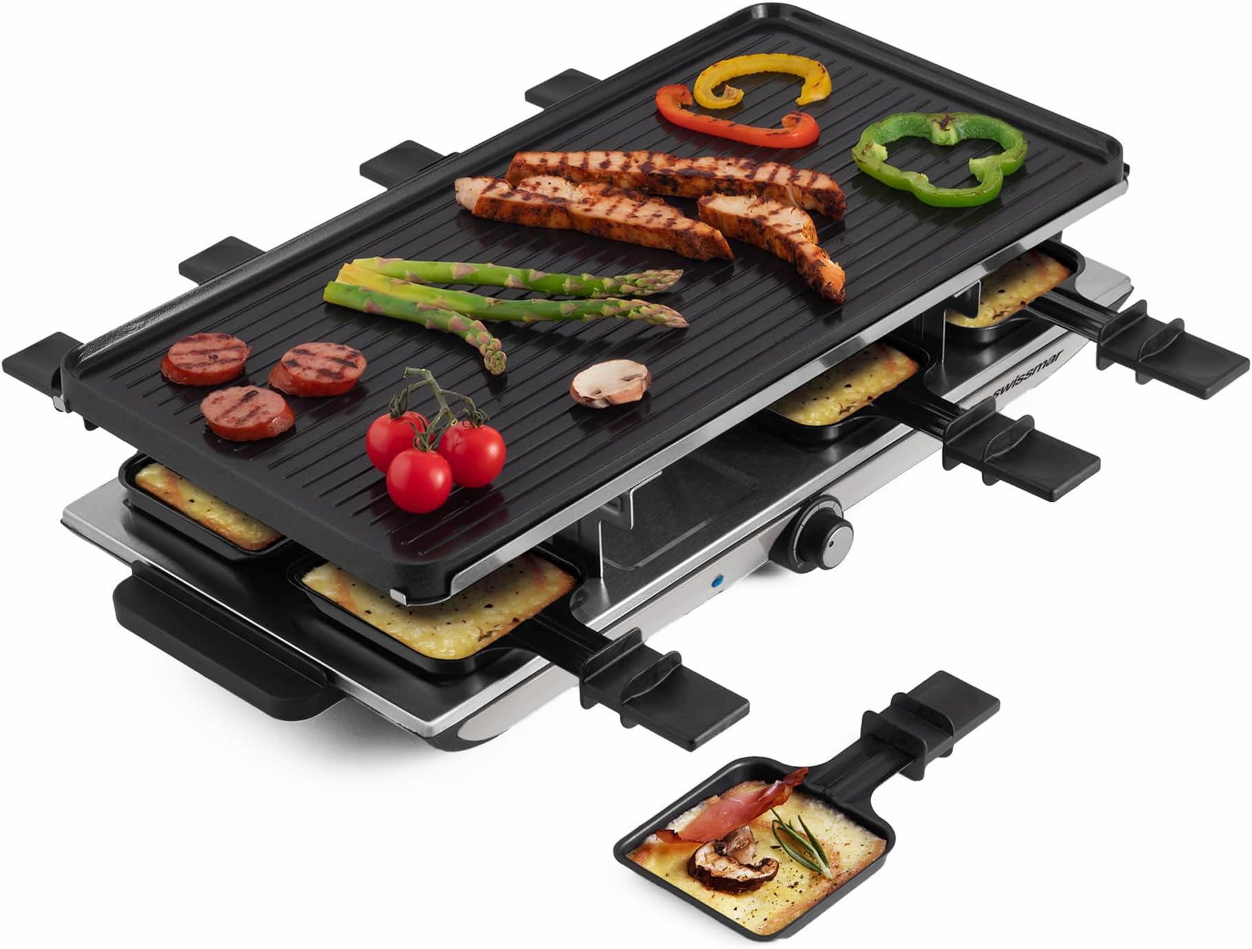 Geneva Raclette Grill with Reversible Cast Aluminum Grill Top - Perfect for outdoor & Indoor Electric Raclette Grill & Griller - Barbeque Bonding - 8-Person