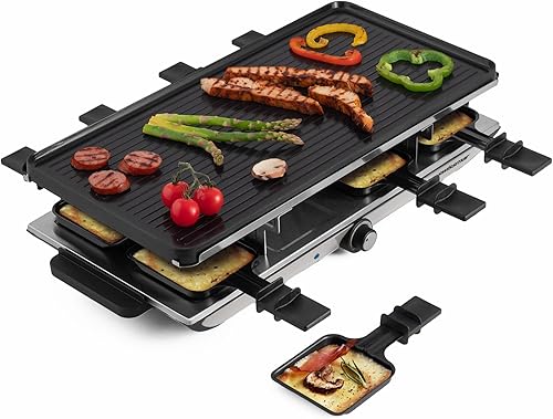 Swissmar Geneva Raclette Grill con parrilla reversible de aluminio fundido, perfecta para exterior e interior, parrilla eléctrica Raclette y