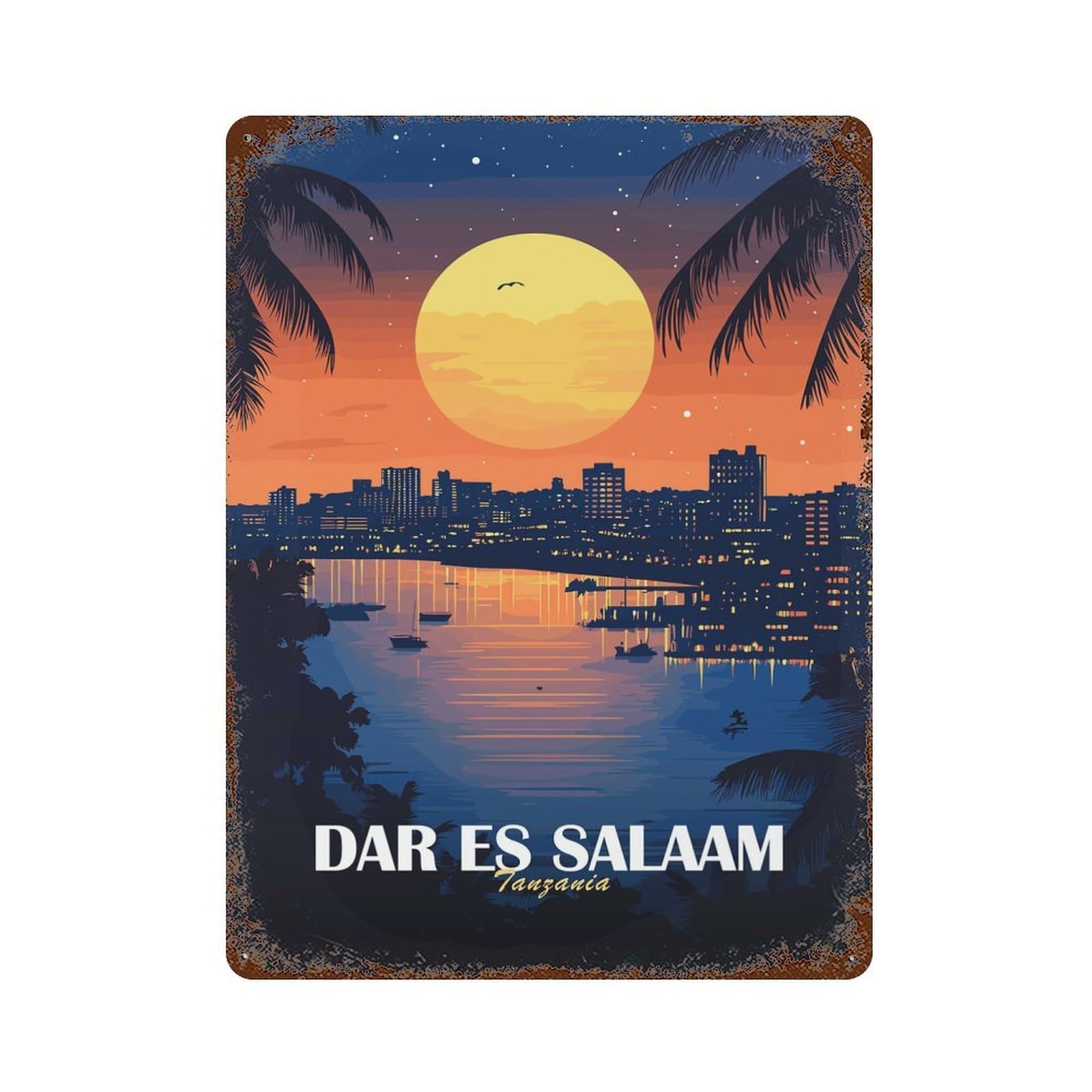 Rust Effect Dar Es Salaam, Tanzania Cityscape Weathered Tin Sign 15.7"x11.8", Classic Wall Plaque for Living Room, Hallway And Home Decor