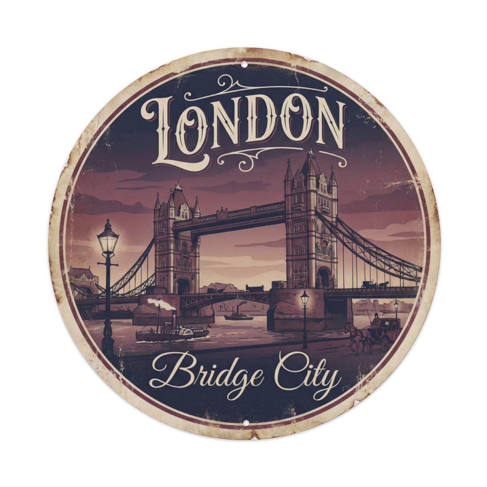 Vintage Travel Bridge London England Metal Tin Sign Plaque Wall Decor for Cafe, Club Bar, Office, Home Garden Round Metal Poster 8x8Inch